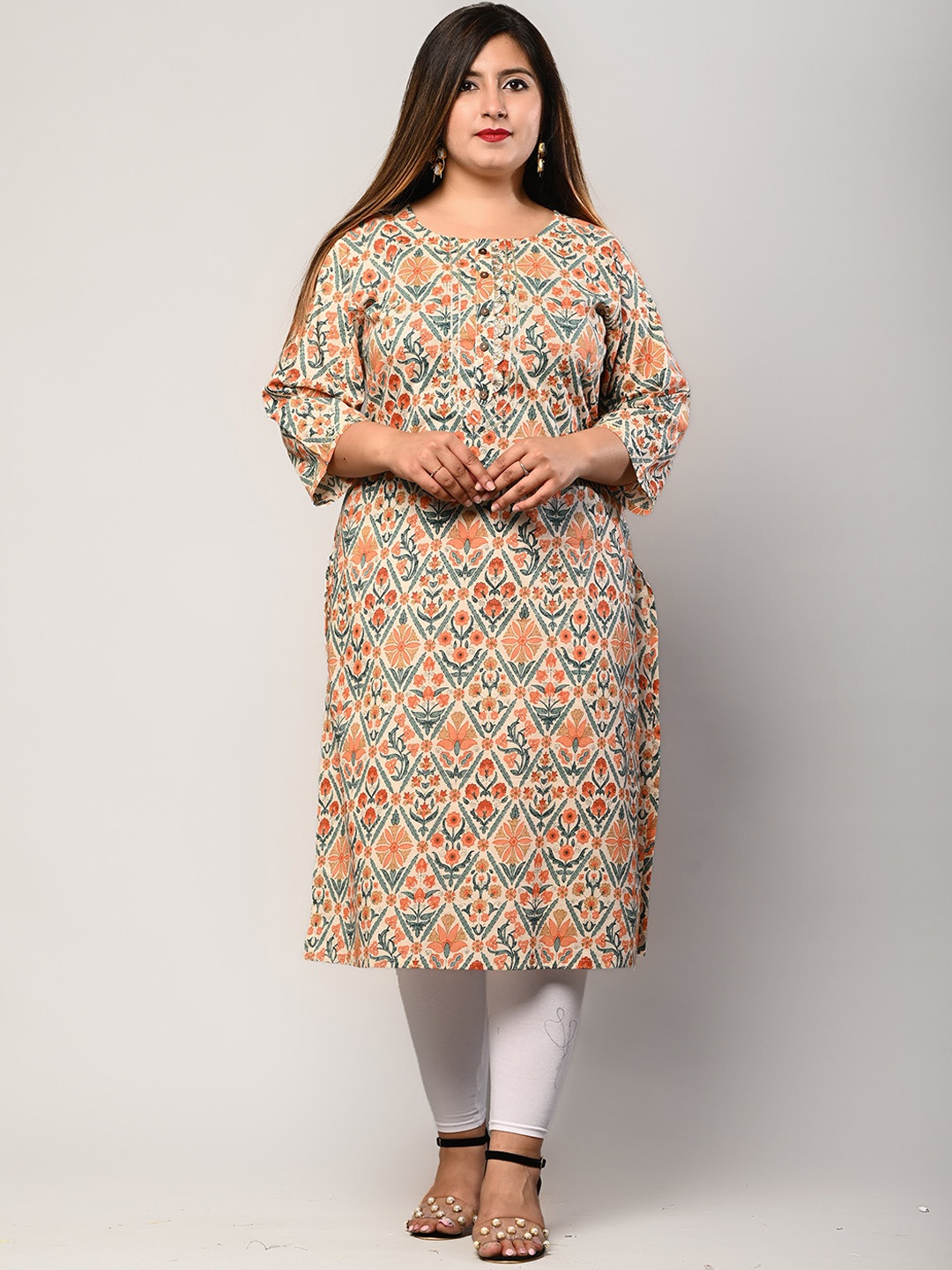 

Swasti Women Beige Ethnic Motifs Printed Flared Sleeves Thread Work Floral Kurta