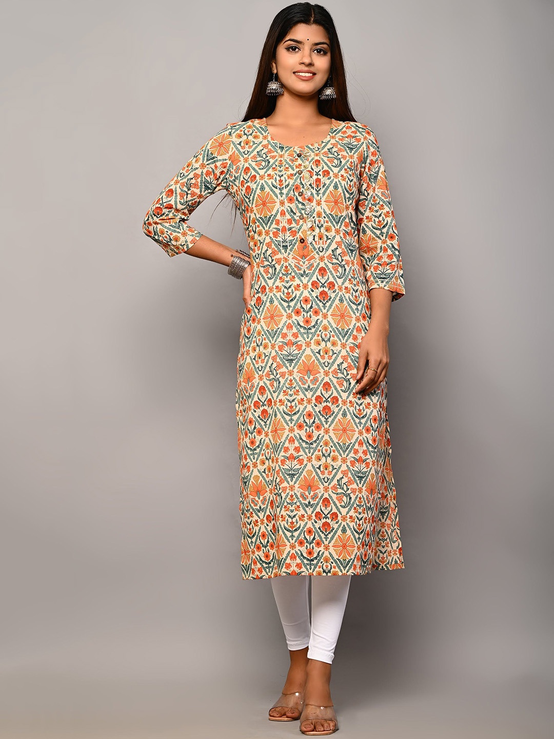 

Swasti Women Beige Geometric Printed Floral Kurta