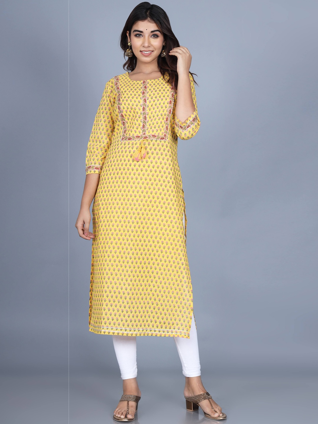 

Swasti Women Yellow Geometric Printed Floral Kurta