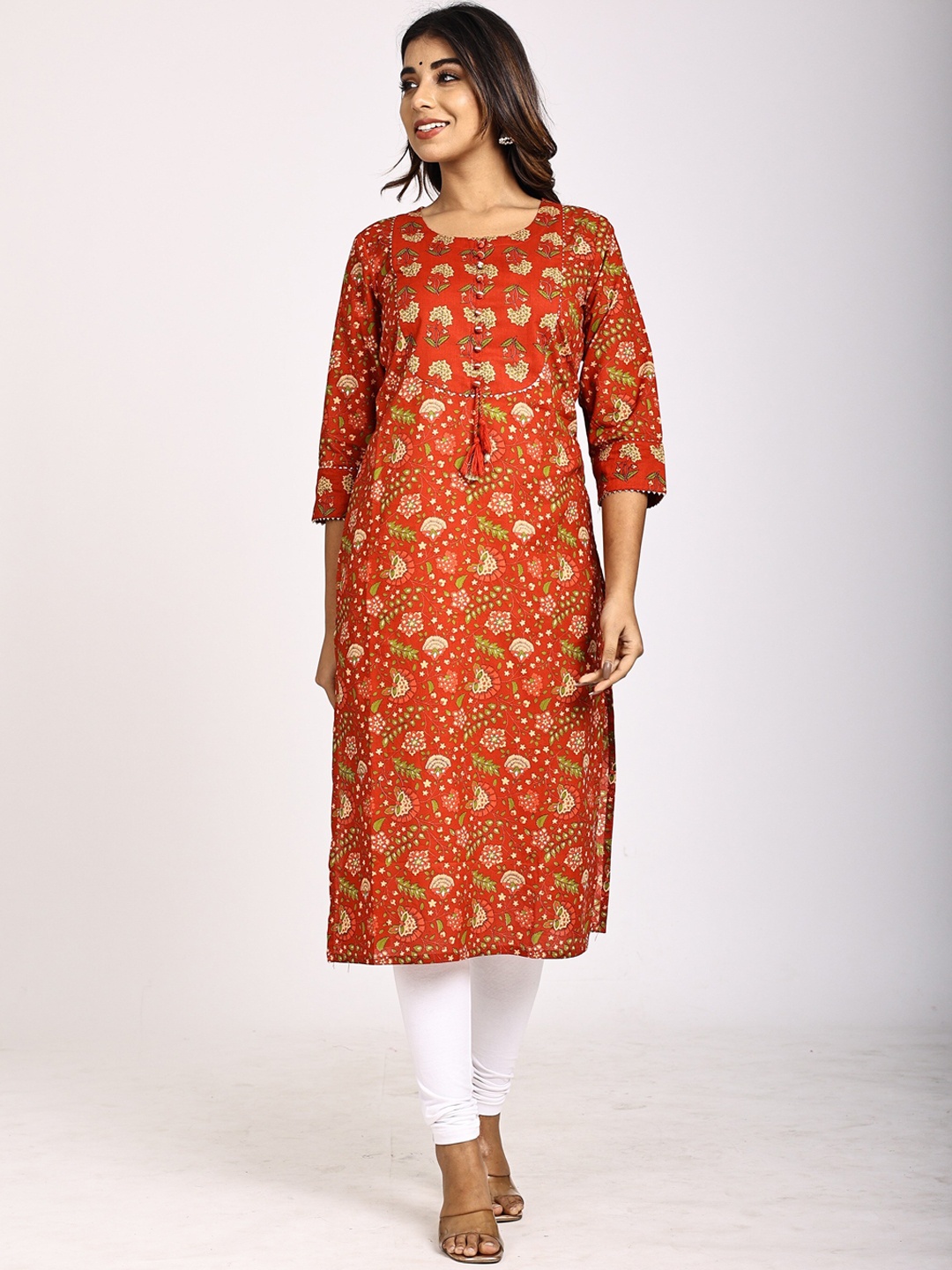 

Swasti Women Red Printed Flared Sleeves Thread Work Floral Kurta