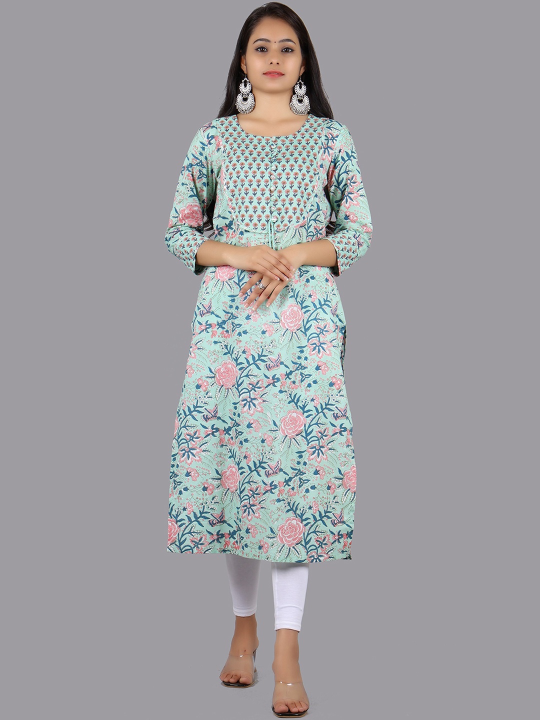 

Swasti Women Green Floral Printed Thread Work Floral Kurta