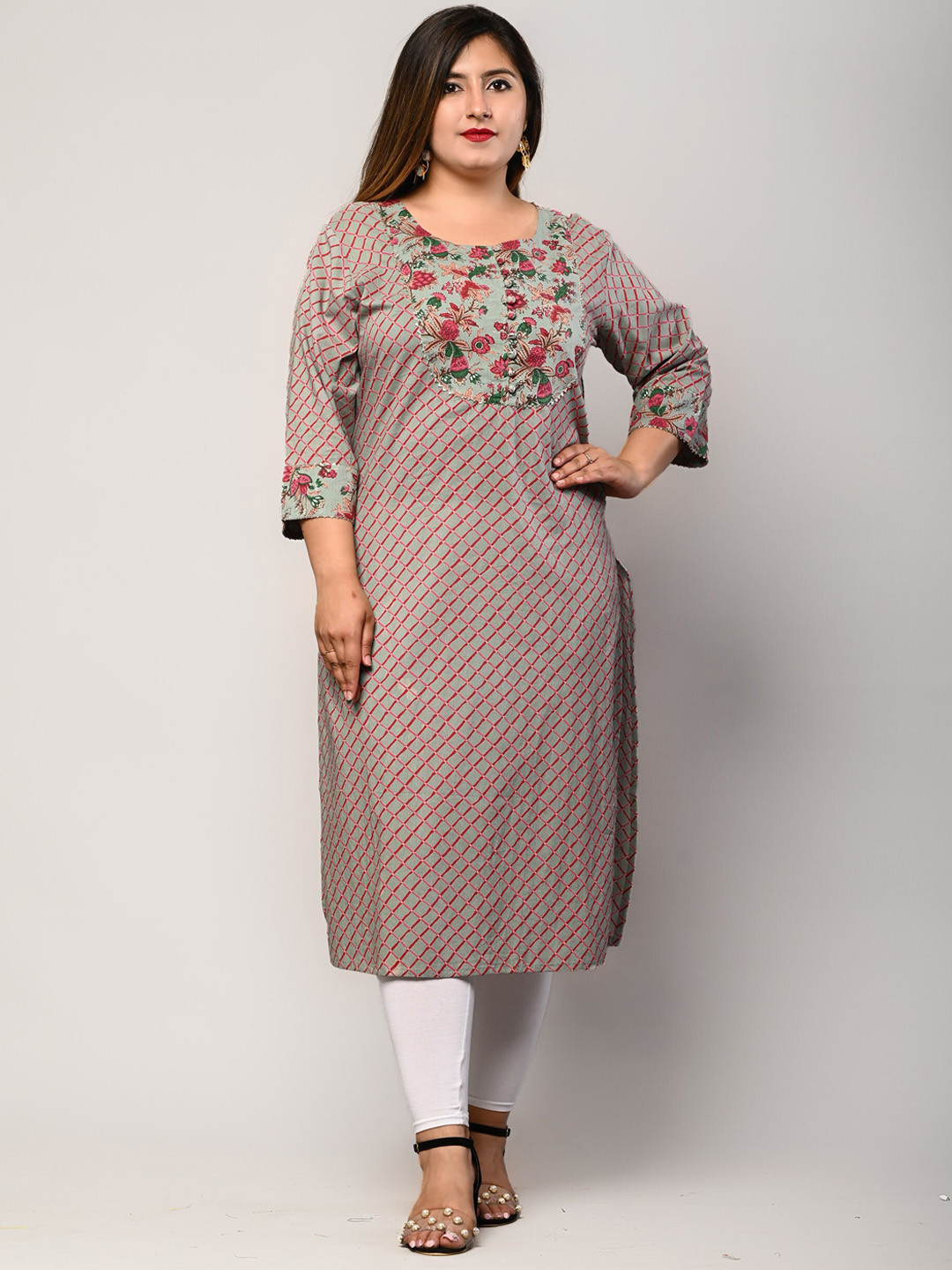 

Swasti Women Green Striped Thread Work Floral Kurta
