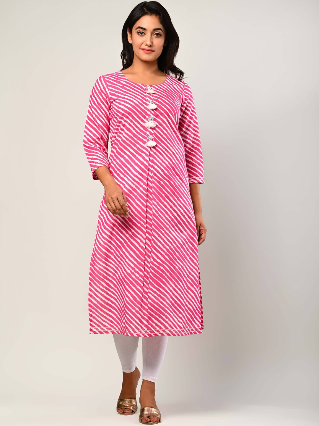 

Swasti Women Pink Striped Mirror Work Floral Kurta