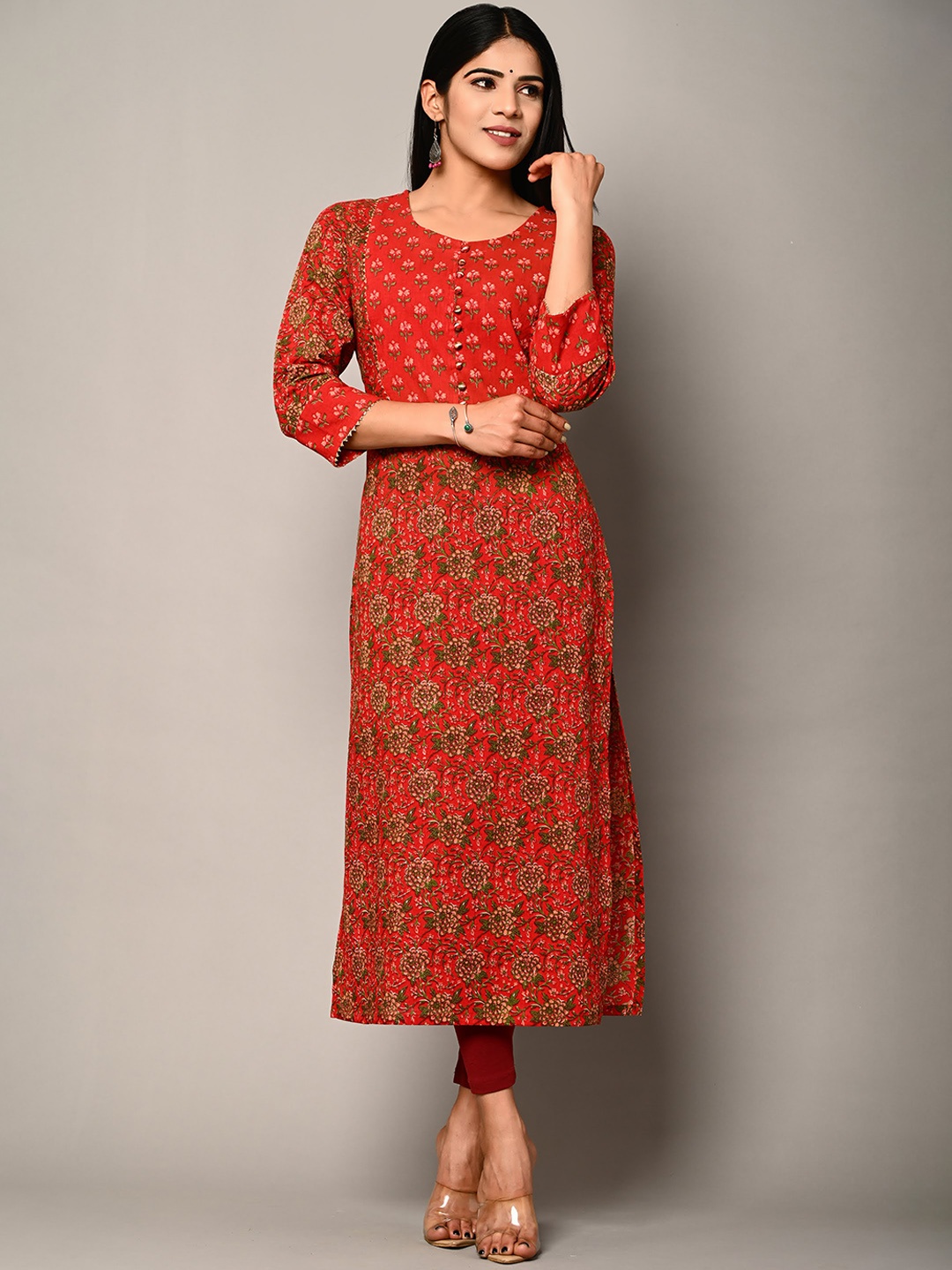 

Swasti Women Red Floral Printed Cold-Shoulder Sleeves Gotta Patti Floral Kurta