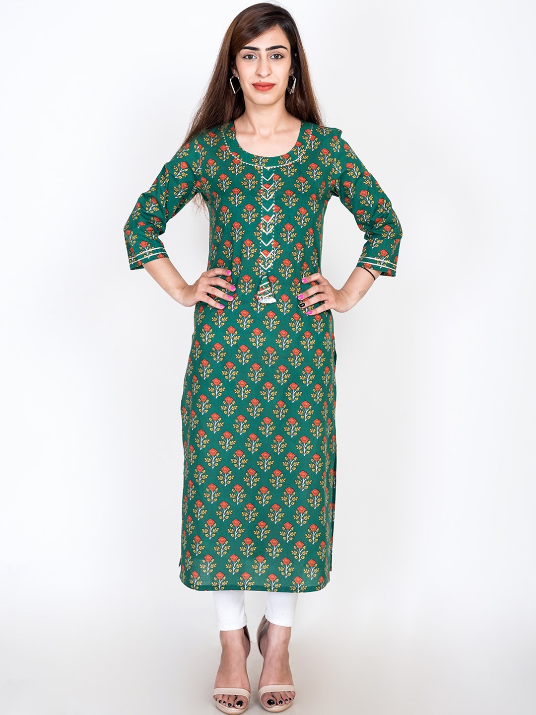 

Swasti Women Green Ethnic Motifs Printed Flared Sleeves Thread Work Floral Kurta