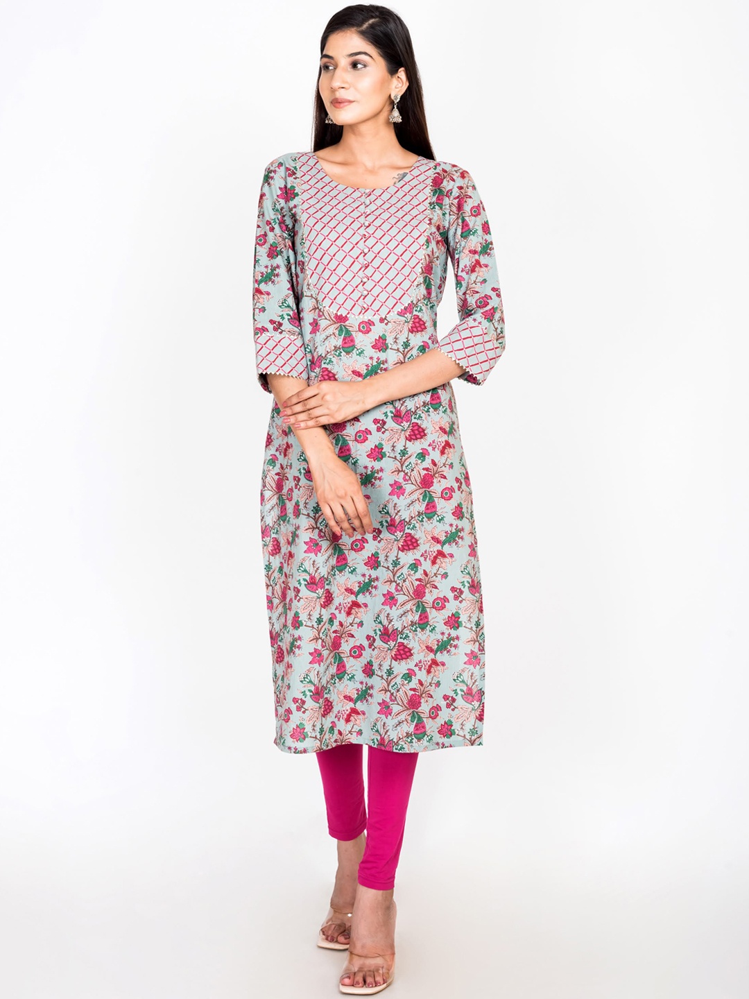 

Swasti Women Green & pastel gray Floral Printed Chikankari Floral Kurta