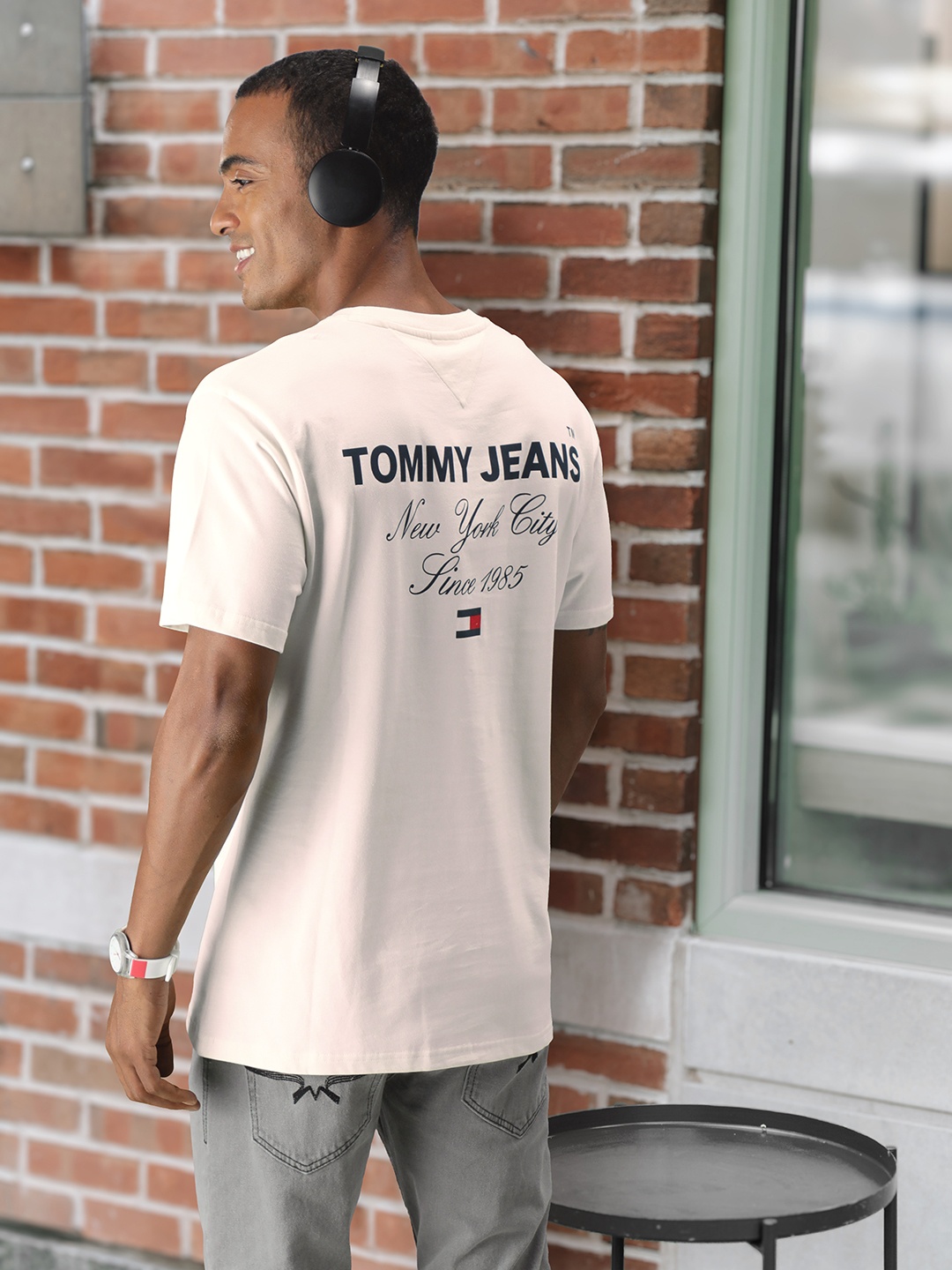 Tommy Hilfiger Men Off White Typography Printed Pure Cotton Casual T-shirt