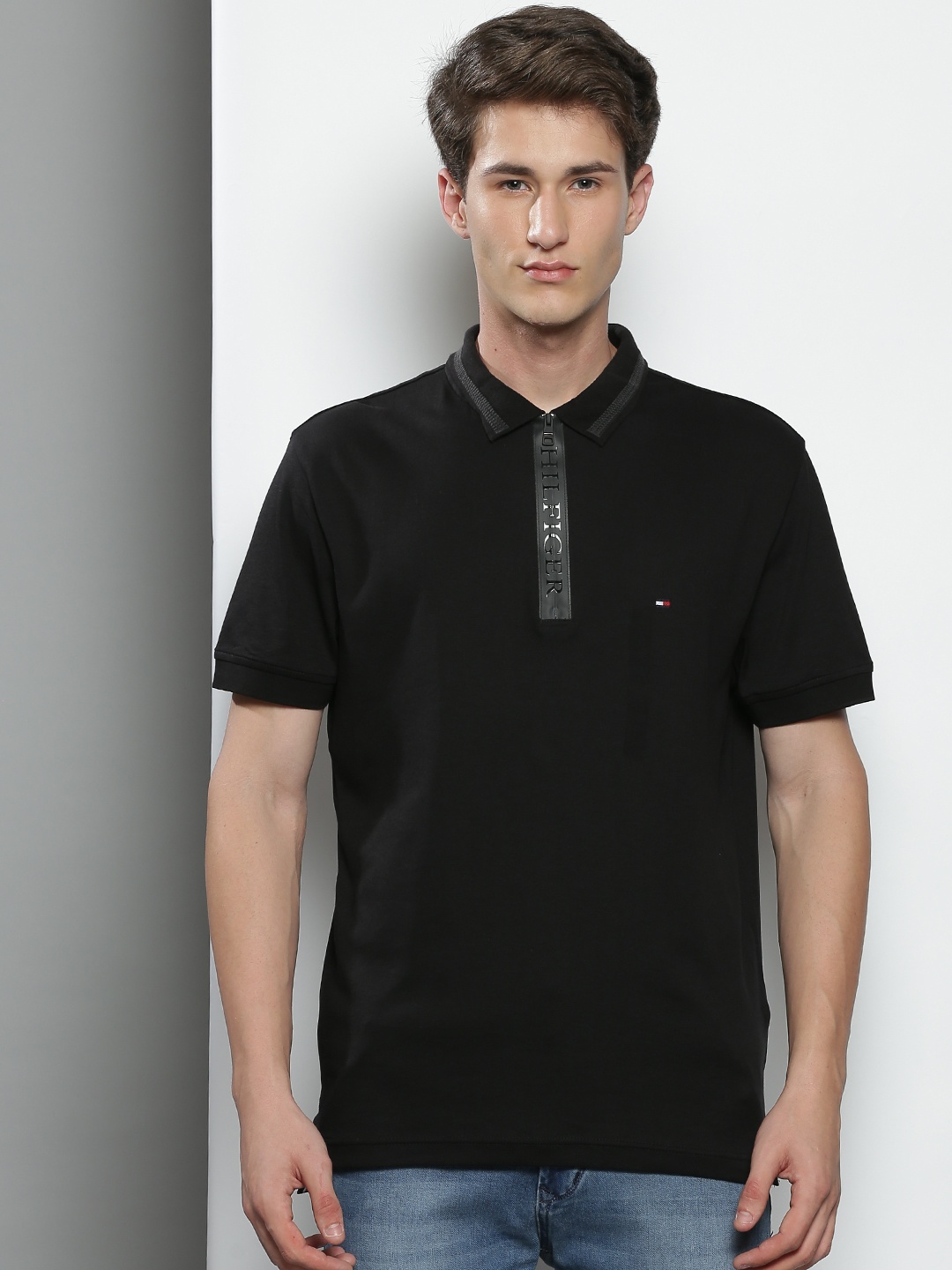 

Tommy Hilfiger Men Black Solid Cotton Polo Collar T-shirt