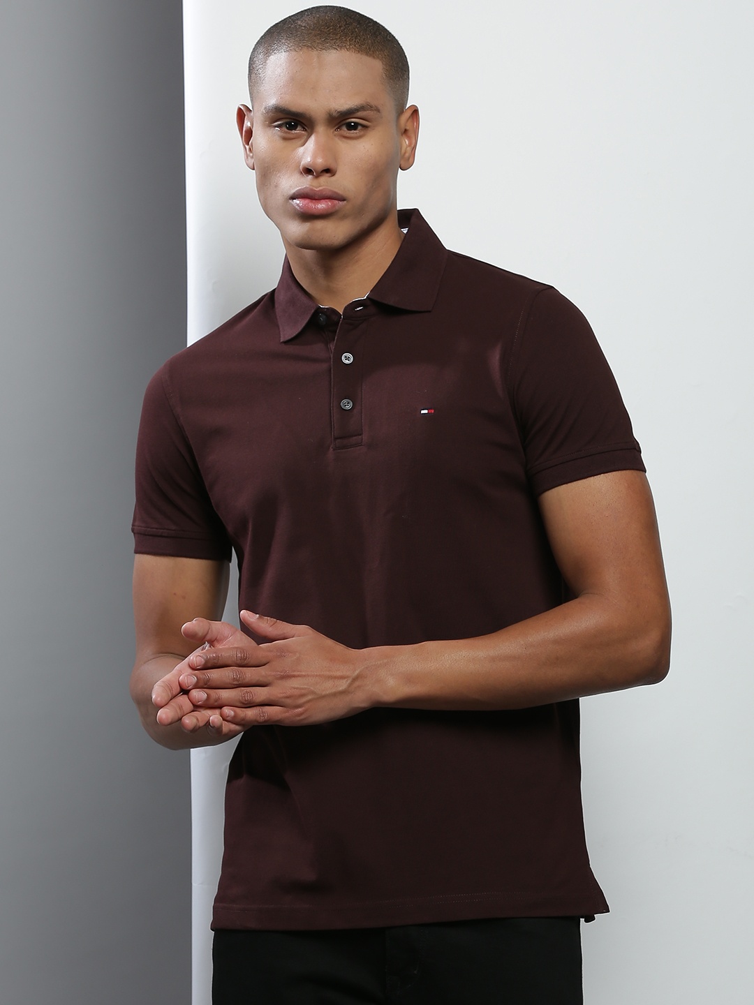 

Tommy Hilfiger Men Coffee Brown Solid Cotton Polo Collar Slim Fit T-shirt