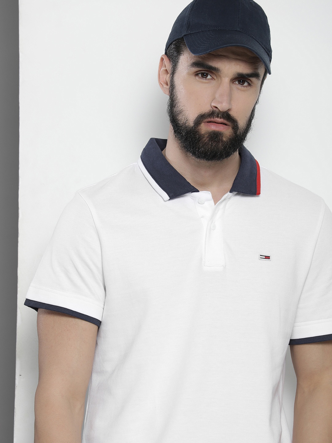 

Tommy Hilfiger Men White & Navy Blue Pure Cotton Polo Collar T-shirt