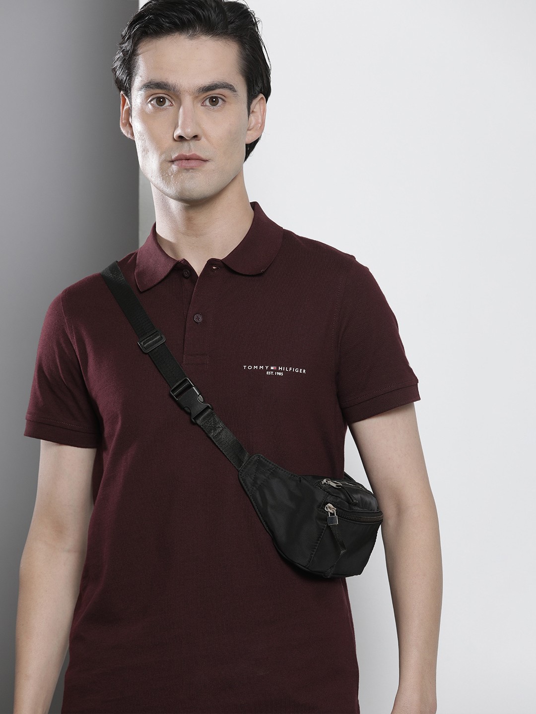 

Tommy Hilfiger Men Burgundy Brand Logo Printed Polo Collar Pure Cotton Slim Fit T-shirt