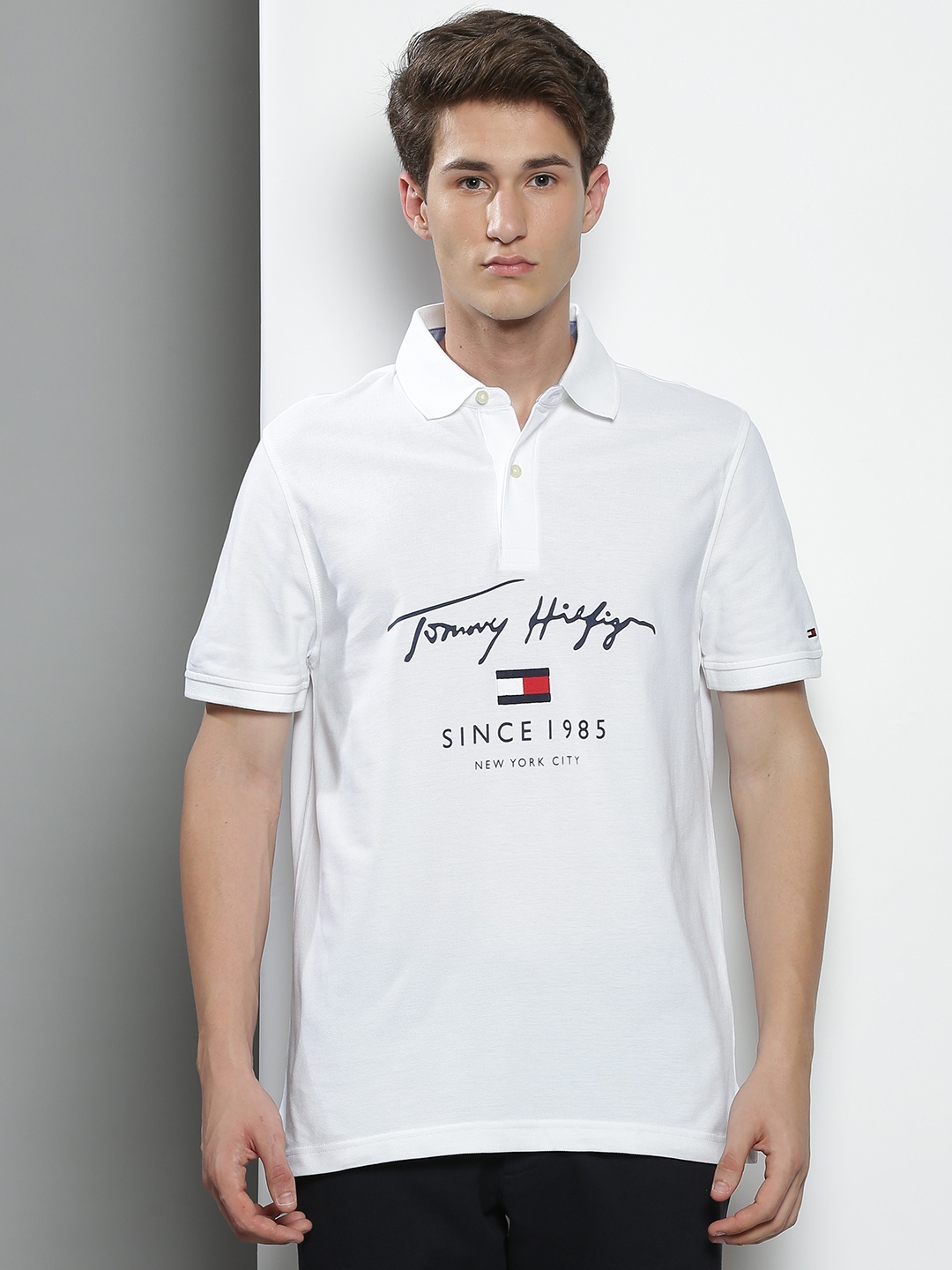 

Tommy Hilfiger Men White Brand Logo Printed Polo Collar T-shirt