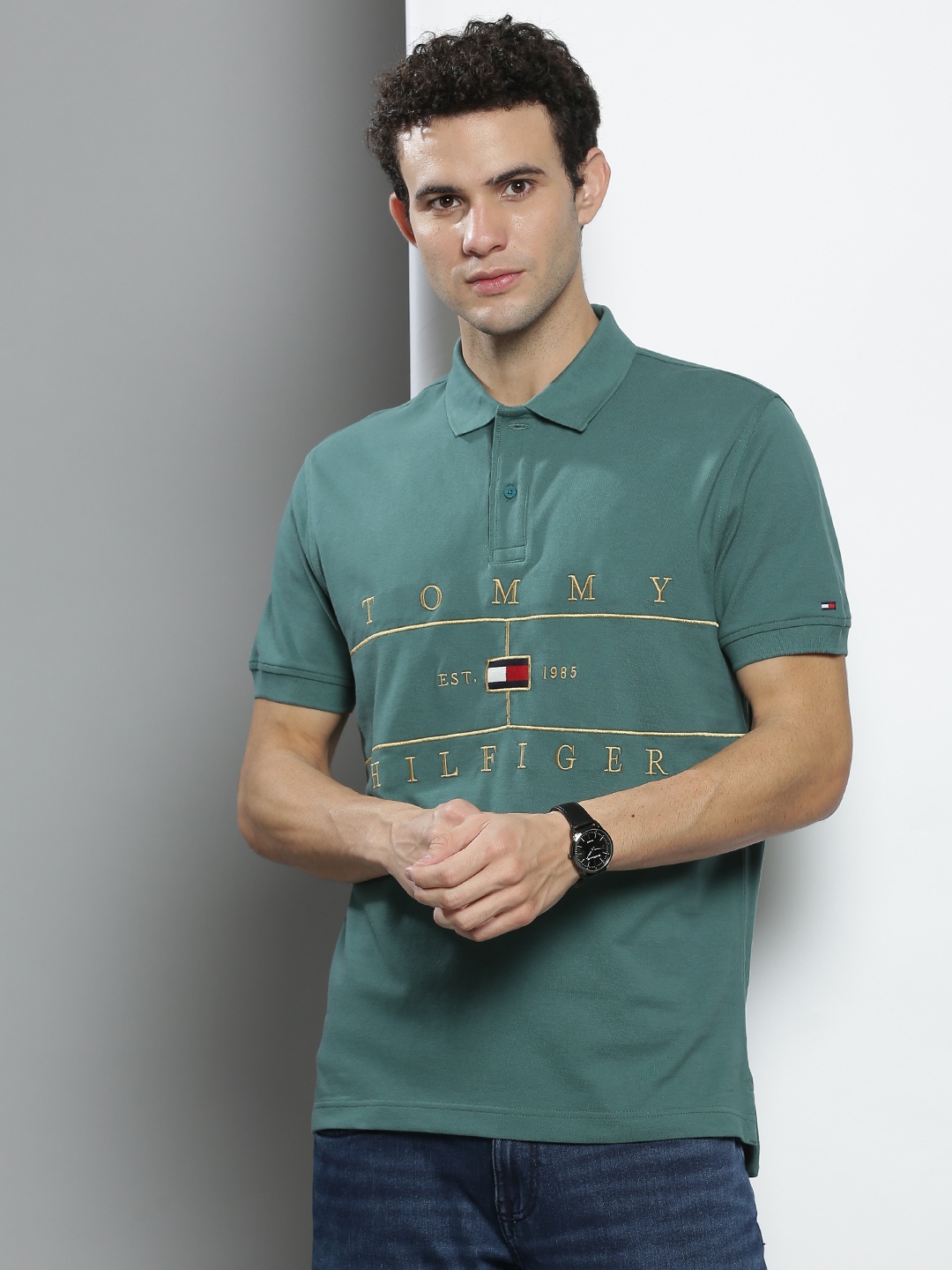 

Tommy Hilfiger Men Green & Beige Brand Logo Embroidered Cotton Polo Collar T-shirt