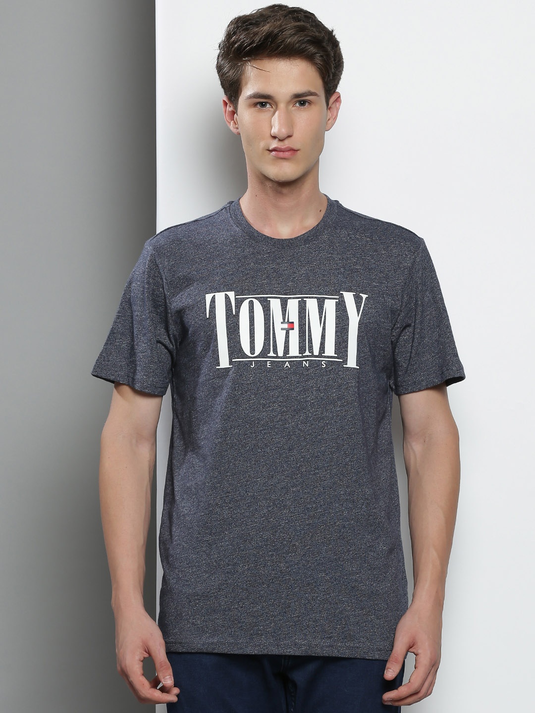 

Tommy Hilfiger Men Grey Melange Brand Logo Printed T-shirt