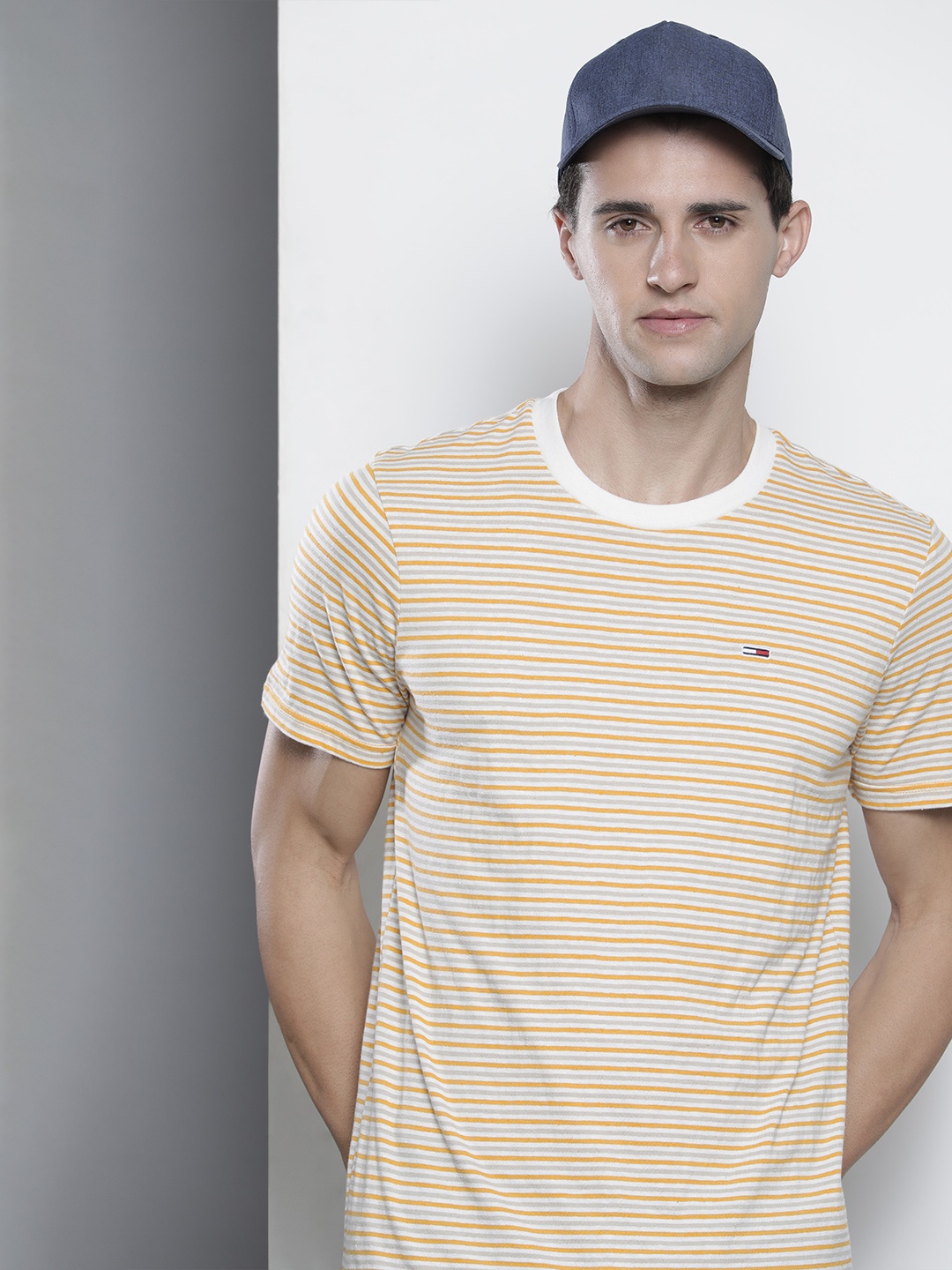 

Tommy Hilfiger Men Yellow & White Striped T-shirt