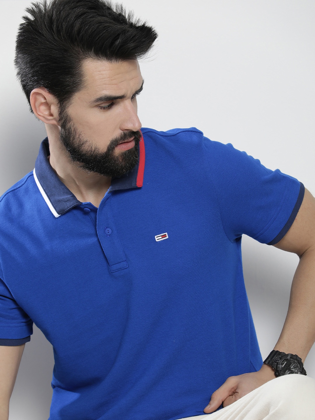 

Tommy Hilfiger Men Blue Pure Cotton Polo Collar T-shirt