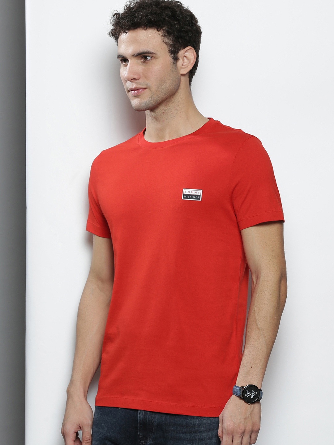 

Tommy Hilfiger Men Solid Slim Fit T-shirt With Applique Detail, Red