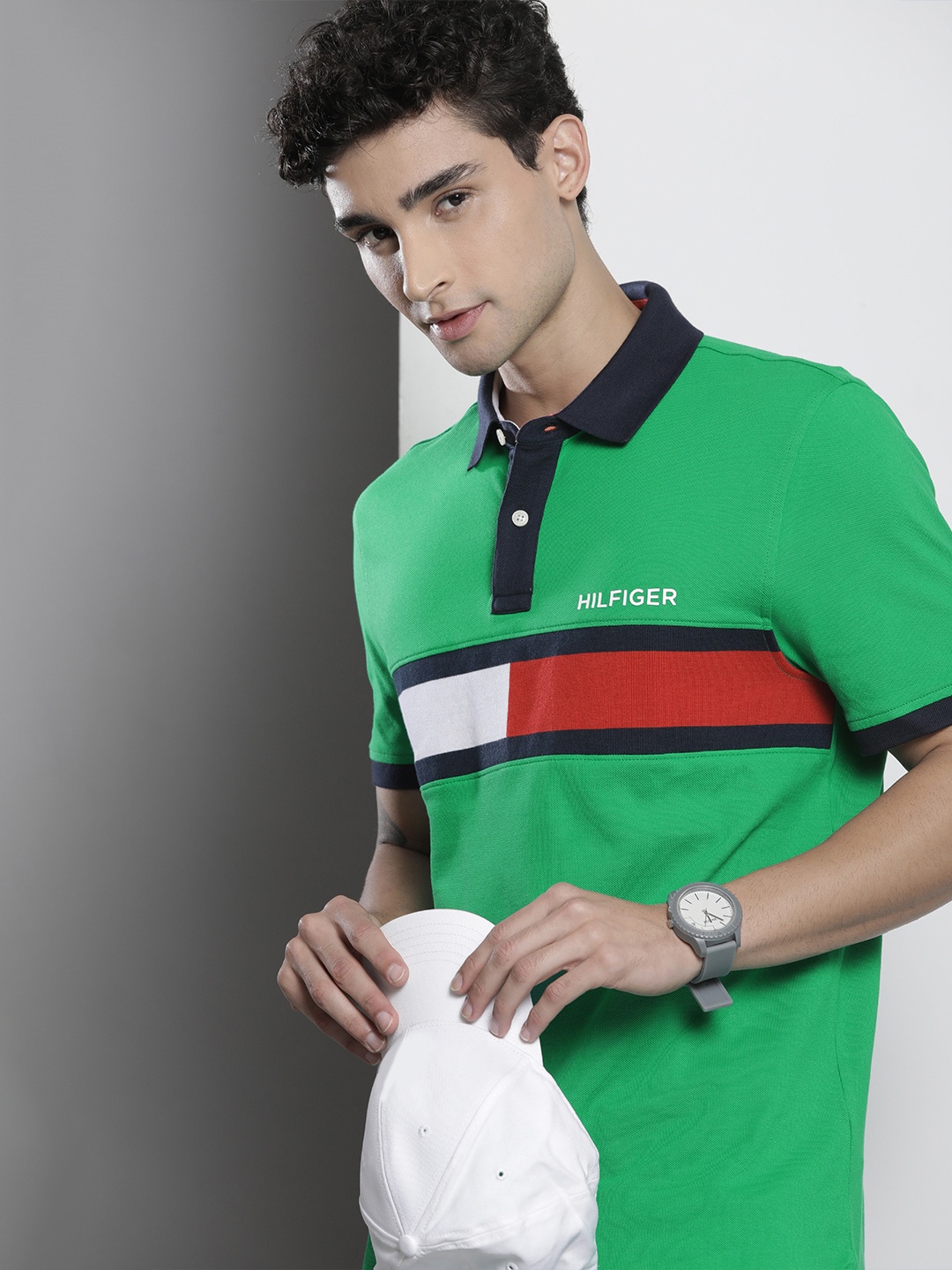 

Tommy Hilfiger Men Green & Red Colourblocked Polo Collar Pure Cotton Casual T-shirt