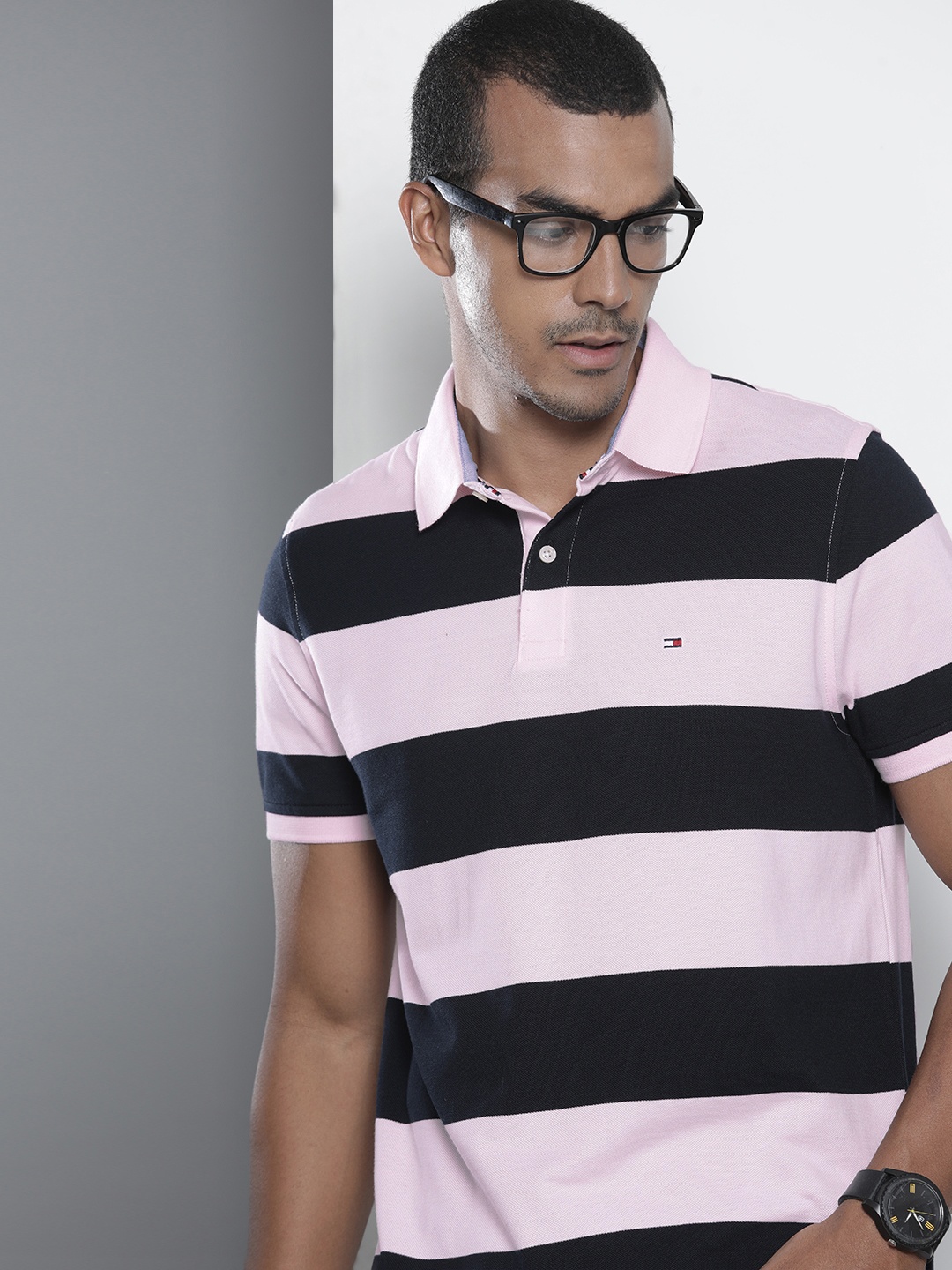 

Tommy Hilfiger Men Pink & Black Striped Polo Collar Pure Cotton T-shirt