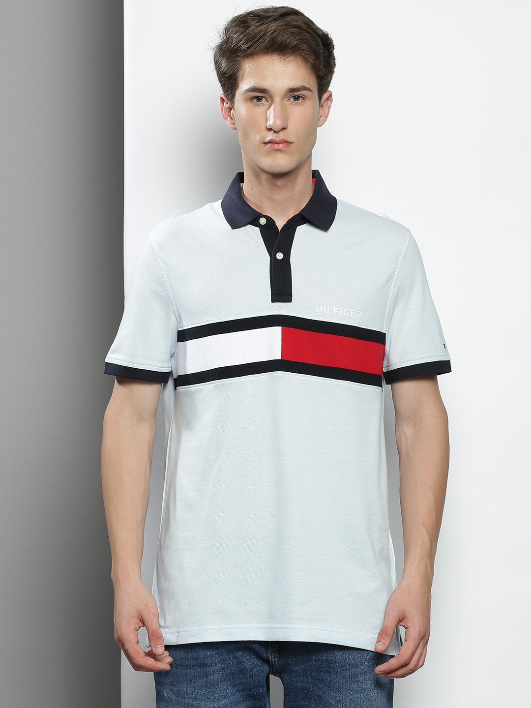 

Tommy Hilfiger Men Blue & White Brand Logo Printed Cotton Polo Collar T-shirt