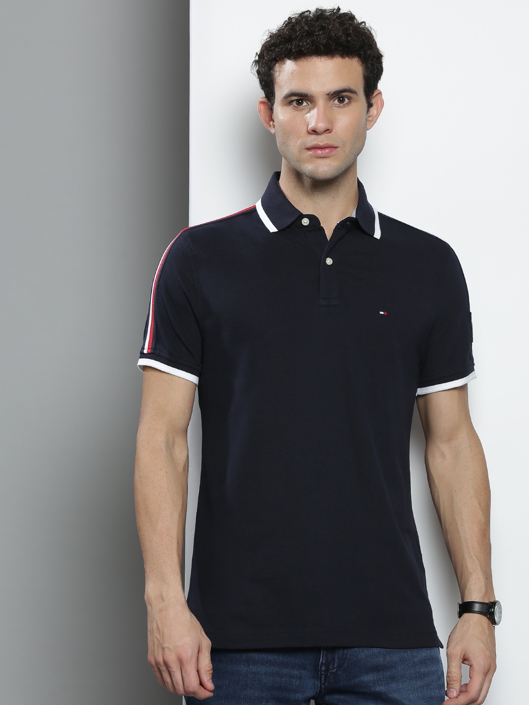 

Tommy Hilfiger Men Navy Blue Solid Polo Collar Pure Cotton T-shirt