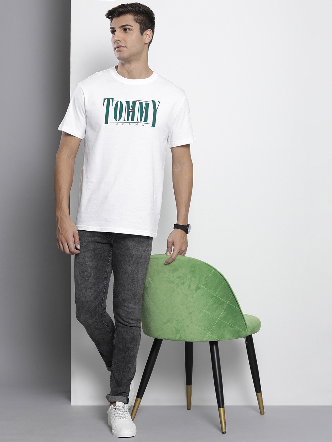 

Tommy Hilfiger Men White & Green Brand Logo Printed Pure Cotton T-shirt