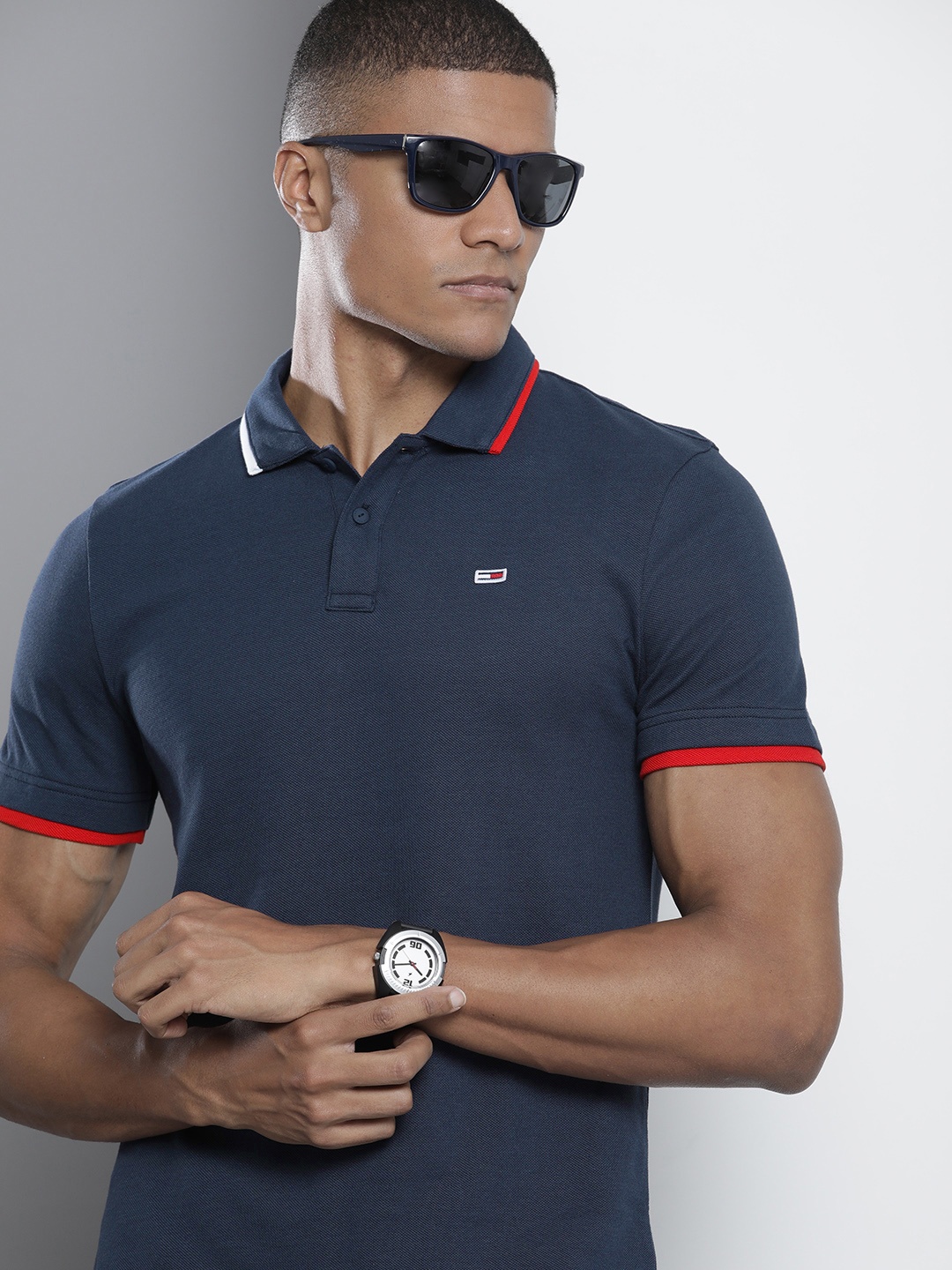 

Tommy Hilfiger Men Navy Blue Solid Pure Cotton Polo Collar T-shirt