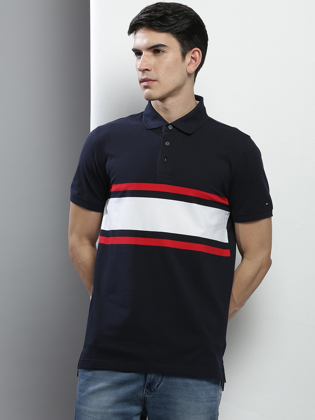 

Tommy Hilfiger Men Navy Blue & White Striped Cotton Polo Collar Slim Fit T-shirt