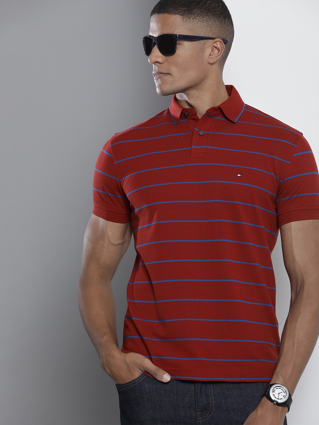 

Tommy Hilfiger Men Red & Blue Striped Polo Collar T-shirt