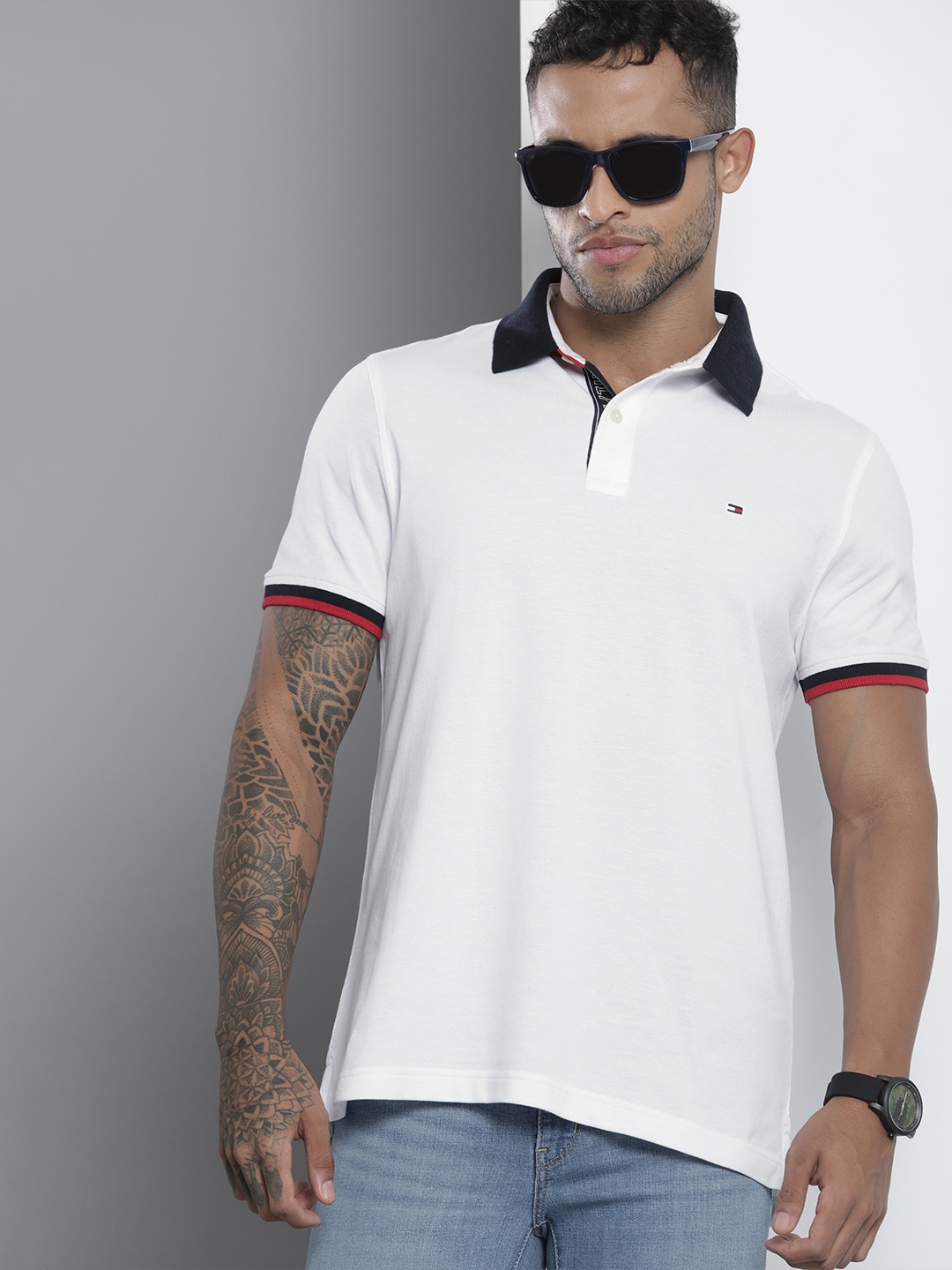 

Tommy Hilfiger Men White Typography Polo Collar Pure Cotton T-shirt