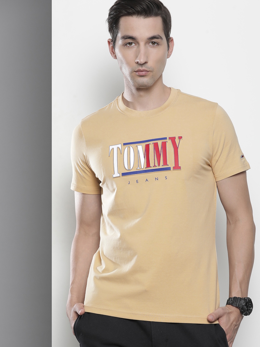 

Tommy Hilfiger Men Beige Pure Cotton Self Design Applique Slim Fit T-shirt