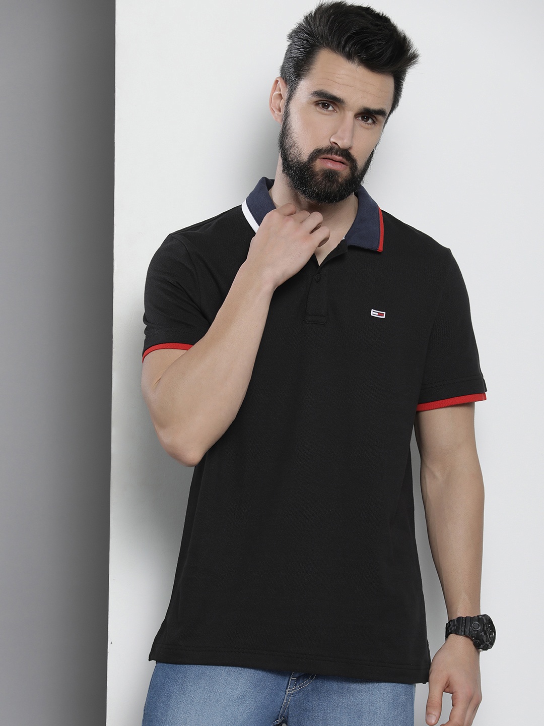 

Tommy Hilfiger Men Black Pure Cotton Polo Collar T-shirt