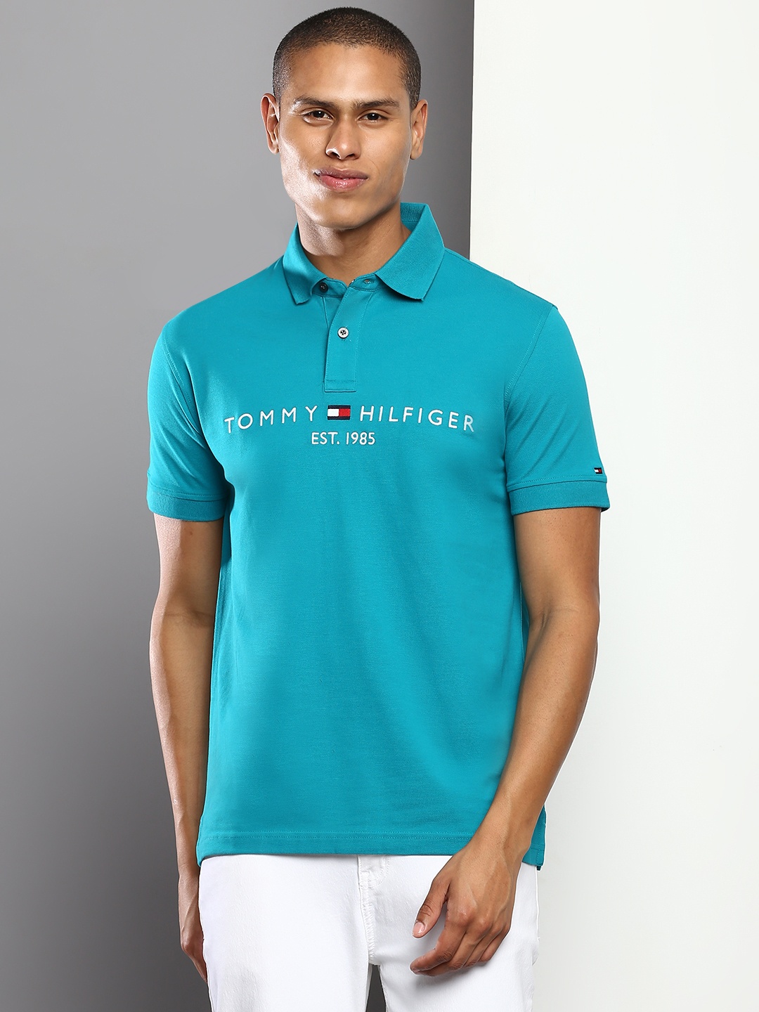 

Tommy Hilfiger Men Brand Logo Polo Collar T-shirt, Teal