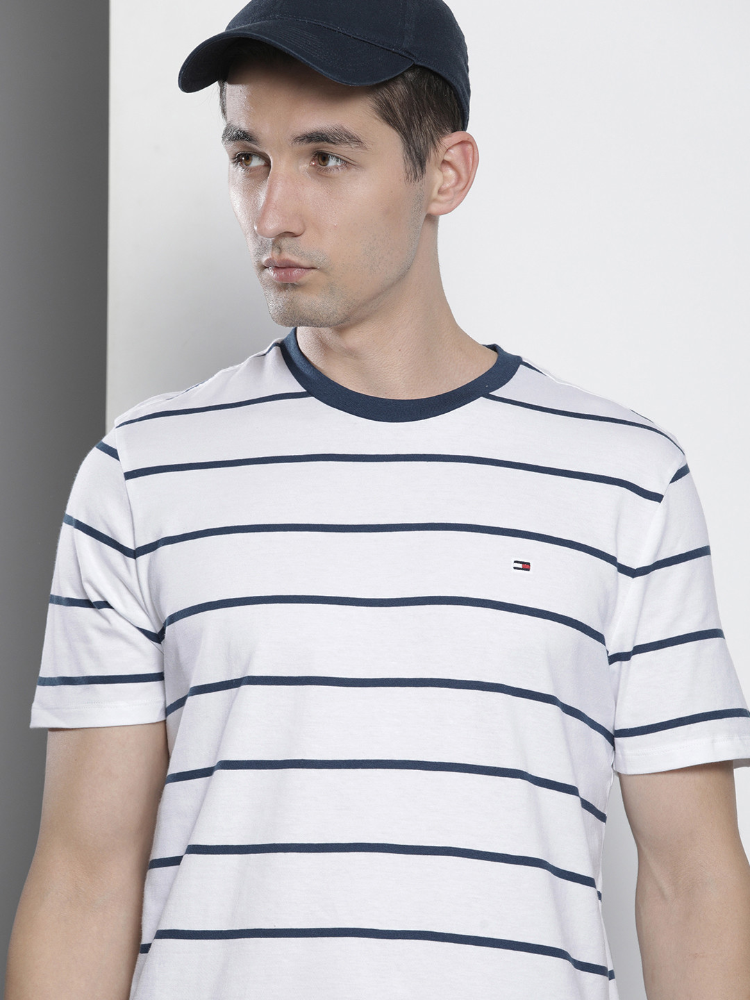 

Tommy Hilfiger Men White & Blue Striped Pure Cotton Casual T-shirt