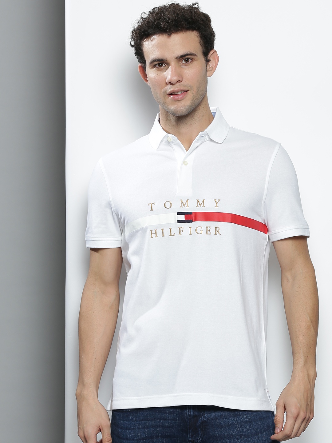 

Tommy Hilfiger Men White & Red Brand Logo Print Polo Collar T-shirt