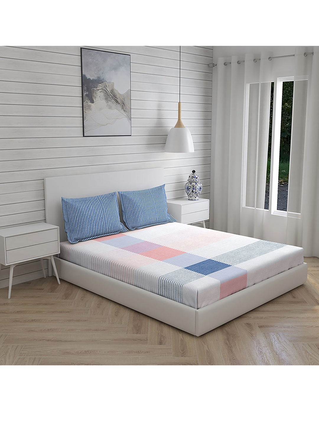 

Boutique Living India Blue 146 TC Striped Bedding Set