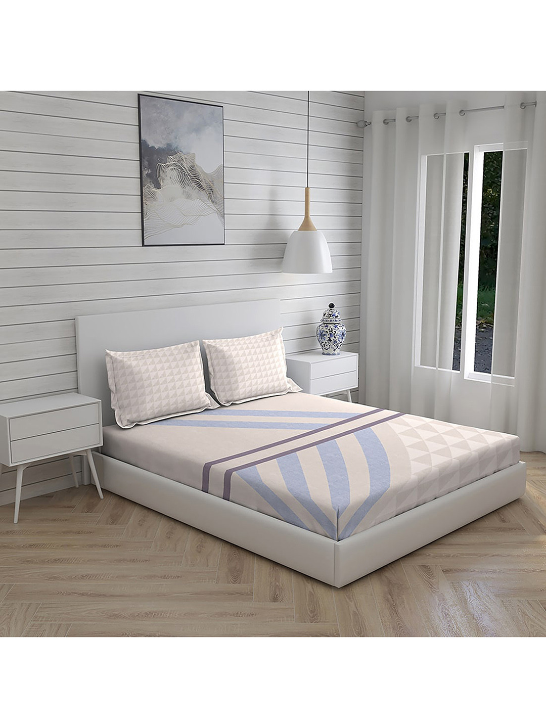 

Boutique Living India Blue & Beige Striped 146TC Pure Cotton Bedding Set