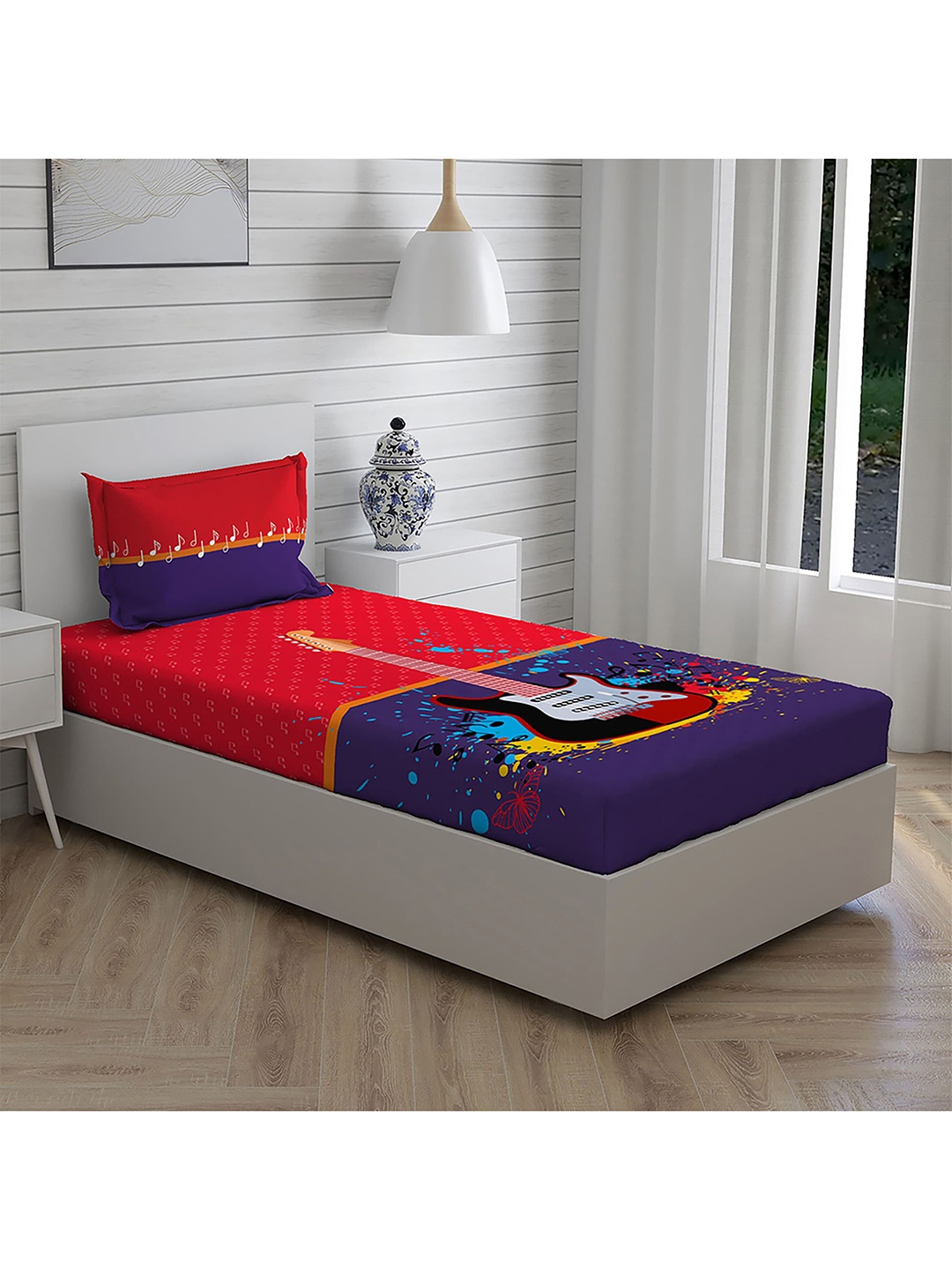 

Boutique Living India Red & Blue Printed 210 TC Pure Cotton Single Bedding Set