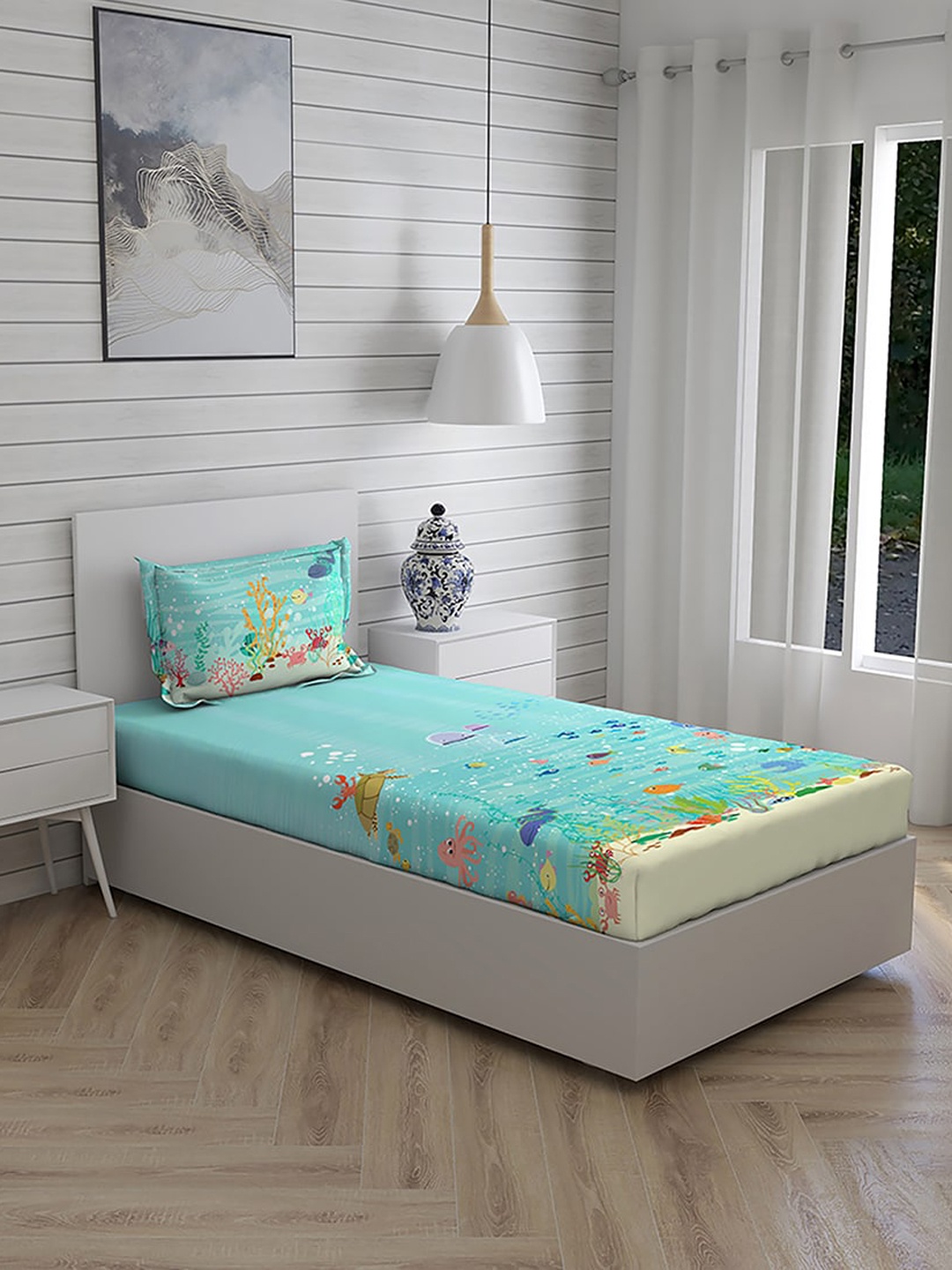 Boutique Living India Blue Printed Cotton 146 TC Single Bedsheet Set