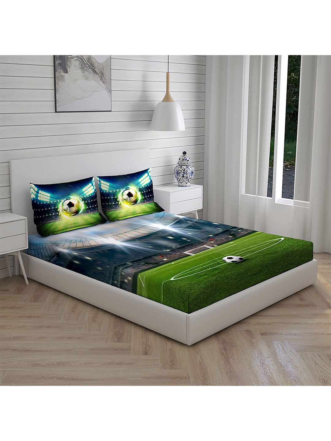 Boutique Living India Green & Blue Printed Pure Cotton 146 TC Bedding Set