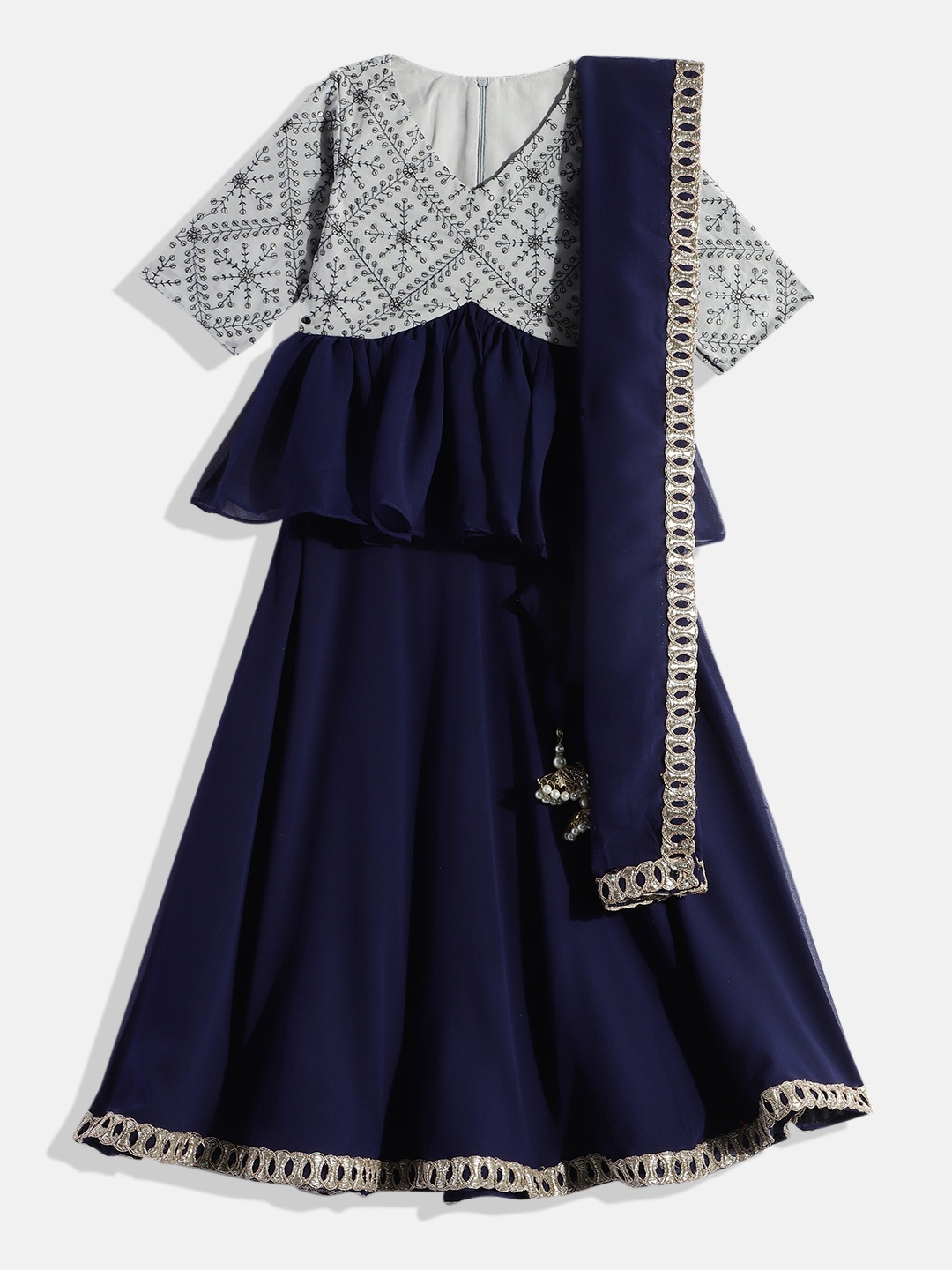 

Ethnovog Girls Embroidered Sequinned Made to Measure Lehenga Blouse With Dupatta, Navy blue