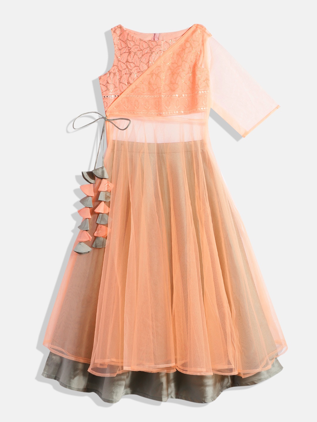 

Ethnovog Girls Embroidered Sequinned Made to Measure Lehenga Set, Peach