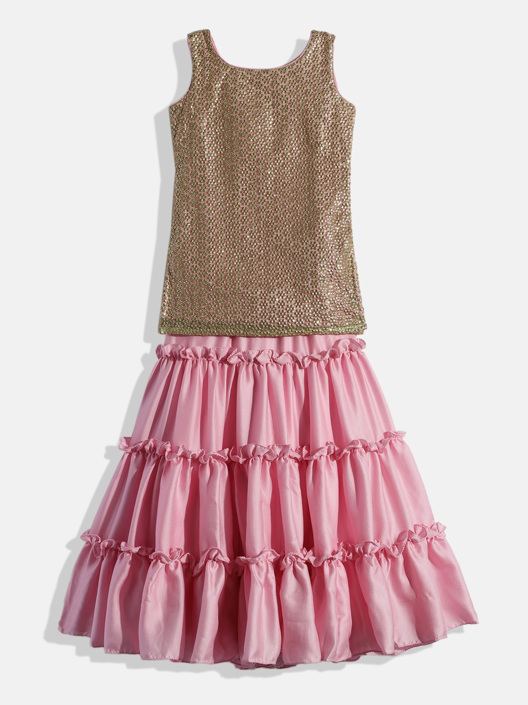 

Ethnovog Girls Embroidered Sequinned Made to Measure Lehenga Set, Beige