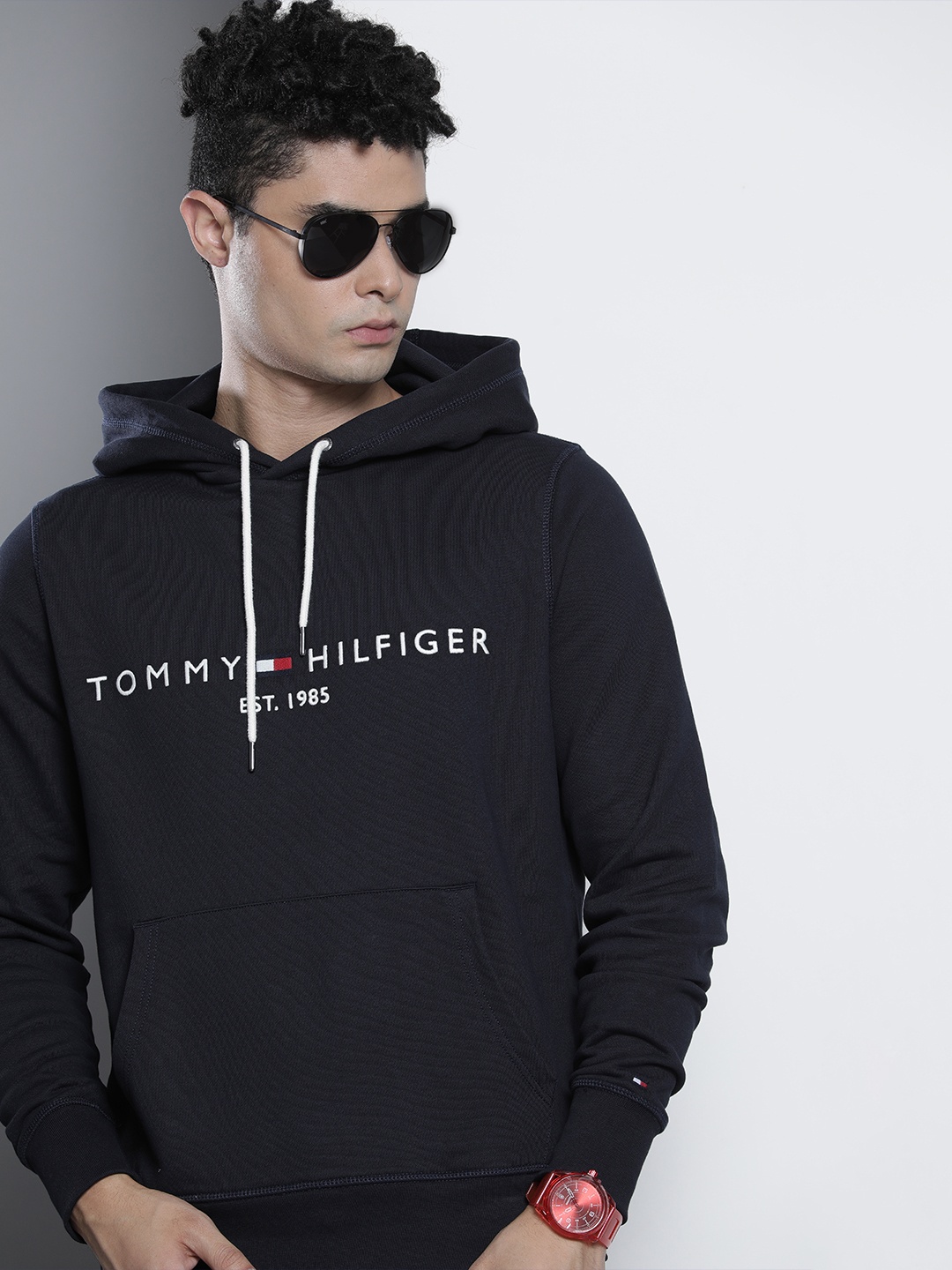 

Tommy Hilfiger Men Navy Blue & White Embroidered Hooded Sweatshirt