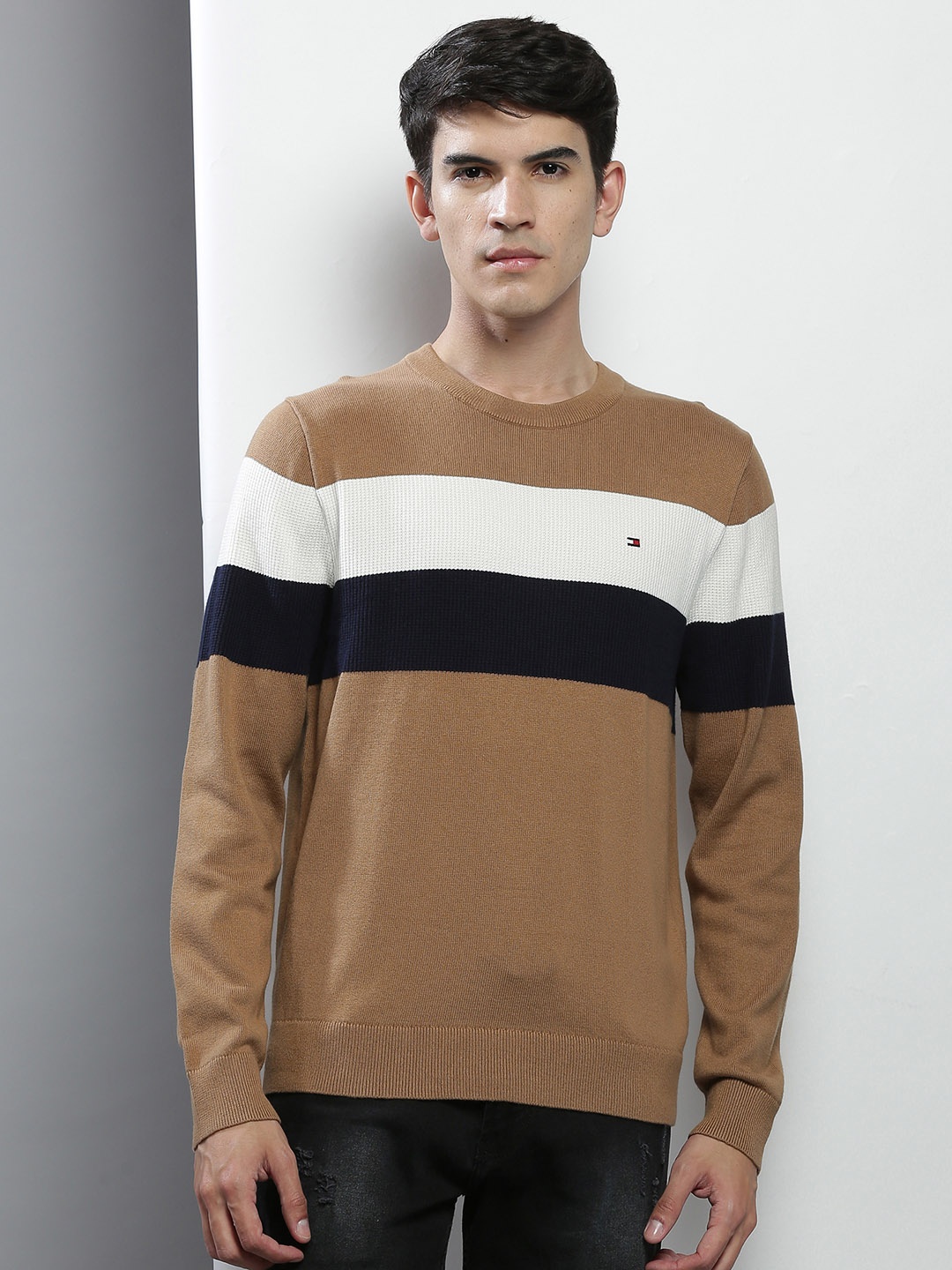 

Tommy Hilfiger Men Khaki & White Striped Cotton Pullover