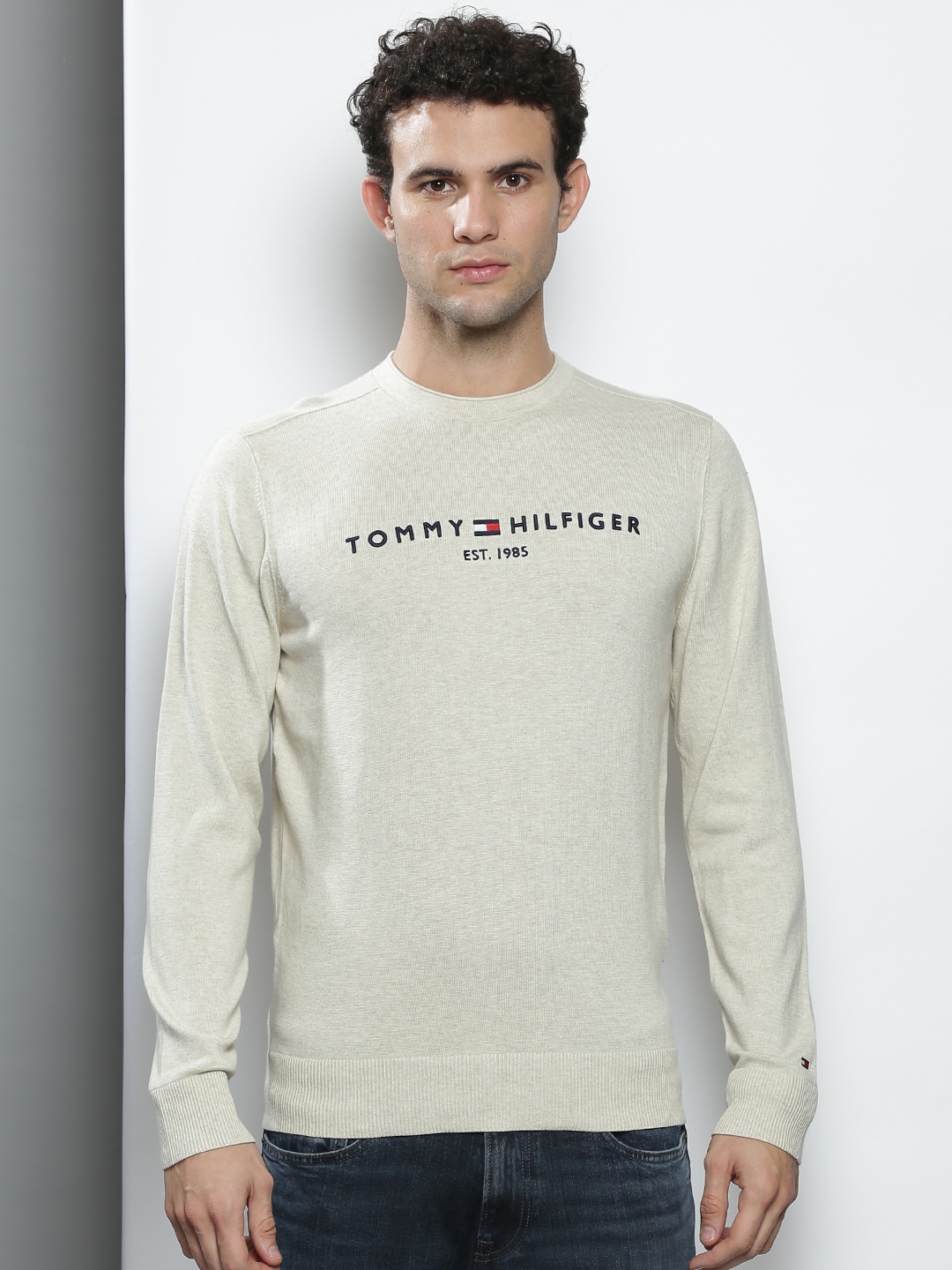 

Tommy Hilfiger Men Beige & Navy Blue Brand Logo Printed Sweatshirt