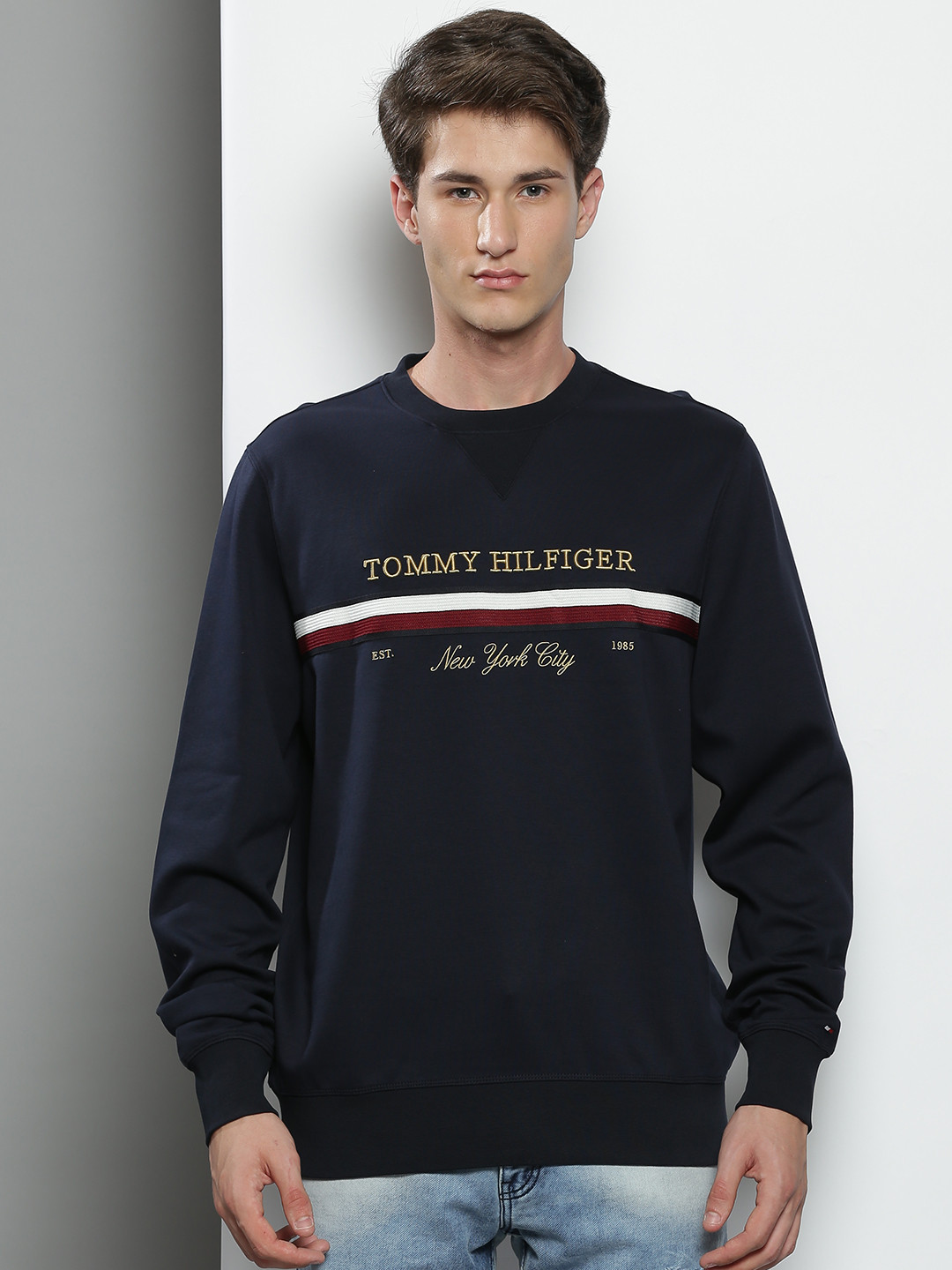 

Tommy Hilfiger Men Navy Blue & Beige Brand Logo Embroidered Pullover