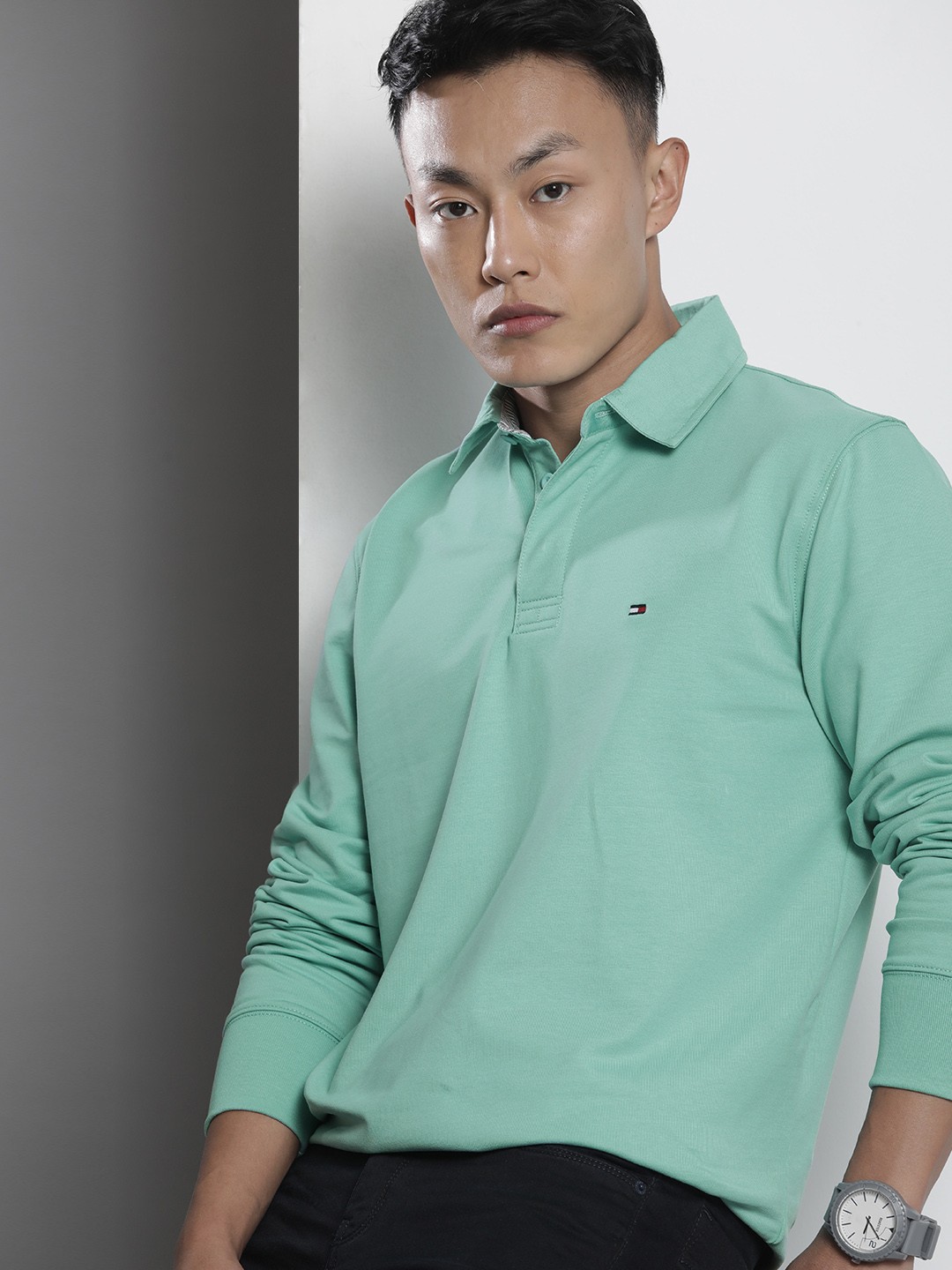 

Tommy Hilfiger Men Sea Green Polo Collar Sweatshirt