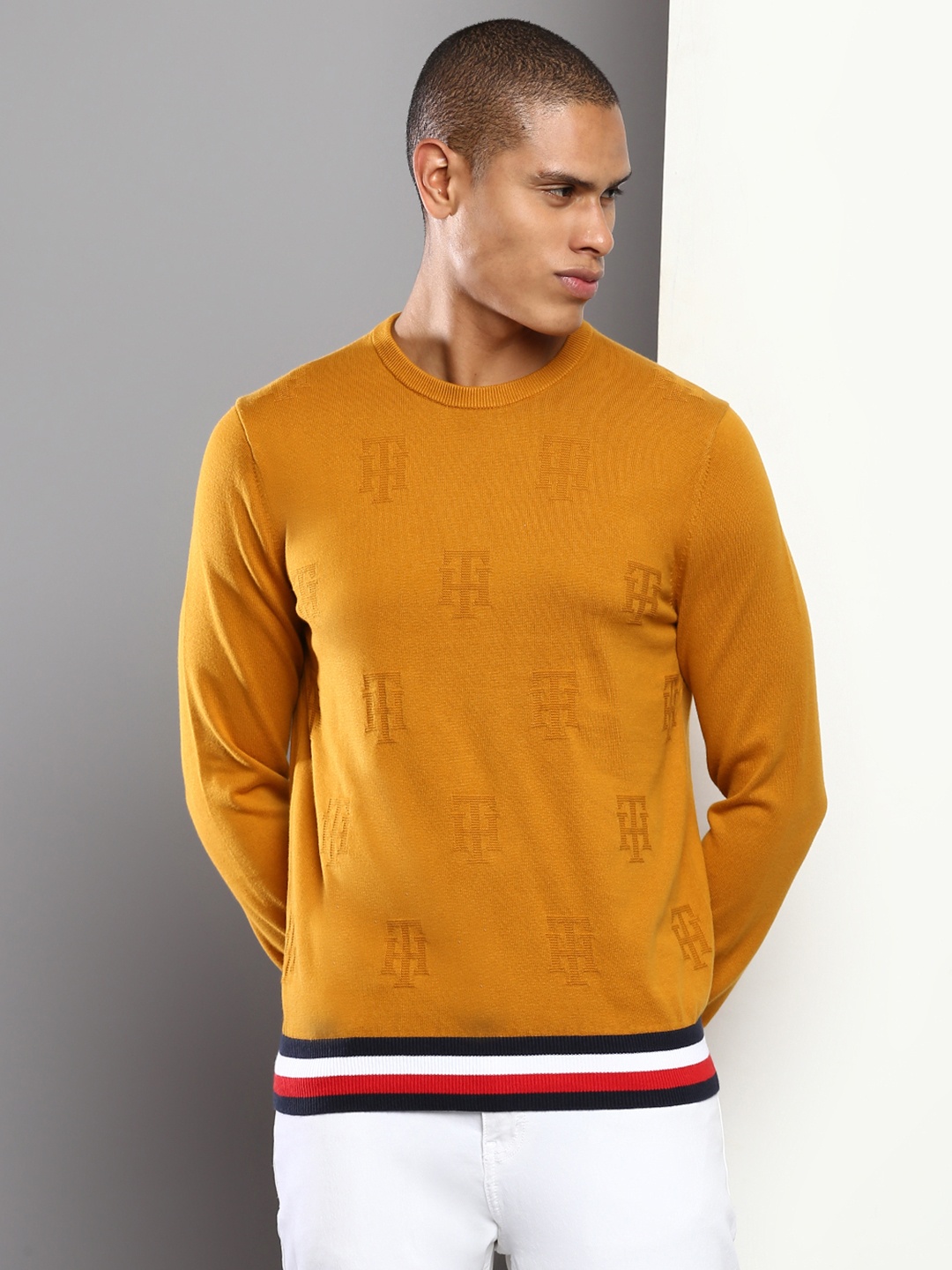 

Tommy Hilfiger Men Self Design Brand Logo Pure Cotton Pullover, Yellow