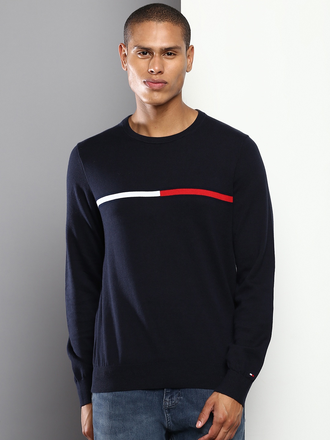 

Tommy Hilfiger Men Striped Pure Cotton Pullover, Navy blue